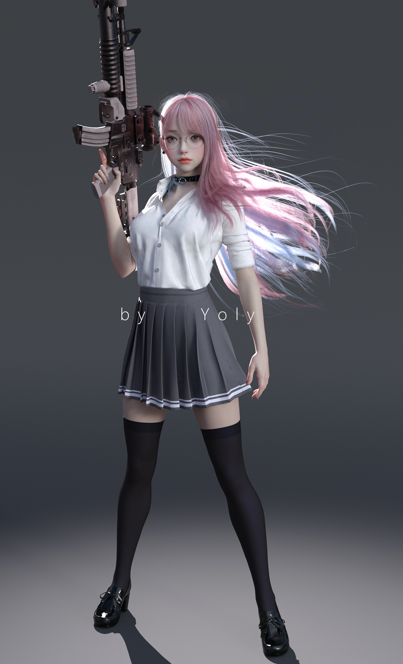 General 1335x2200 CGI digital art fantasy girl schoolgirl school uniform women women indoors Yoly gun girls with guns