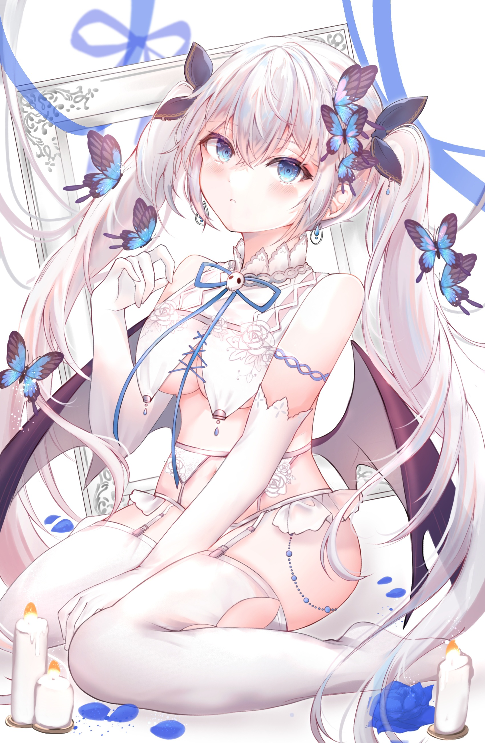 Anime 1700x2600 anime girls white hair butterfly blue eyes candles blue rose rose petals underboob stockings lingerie bat wings