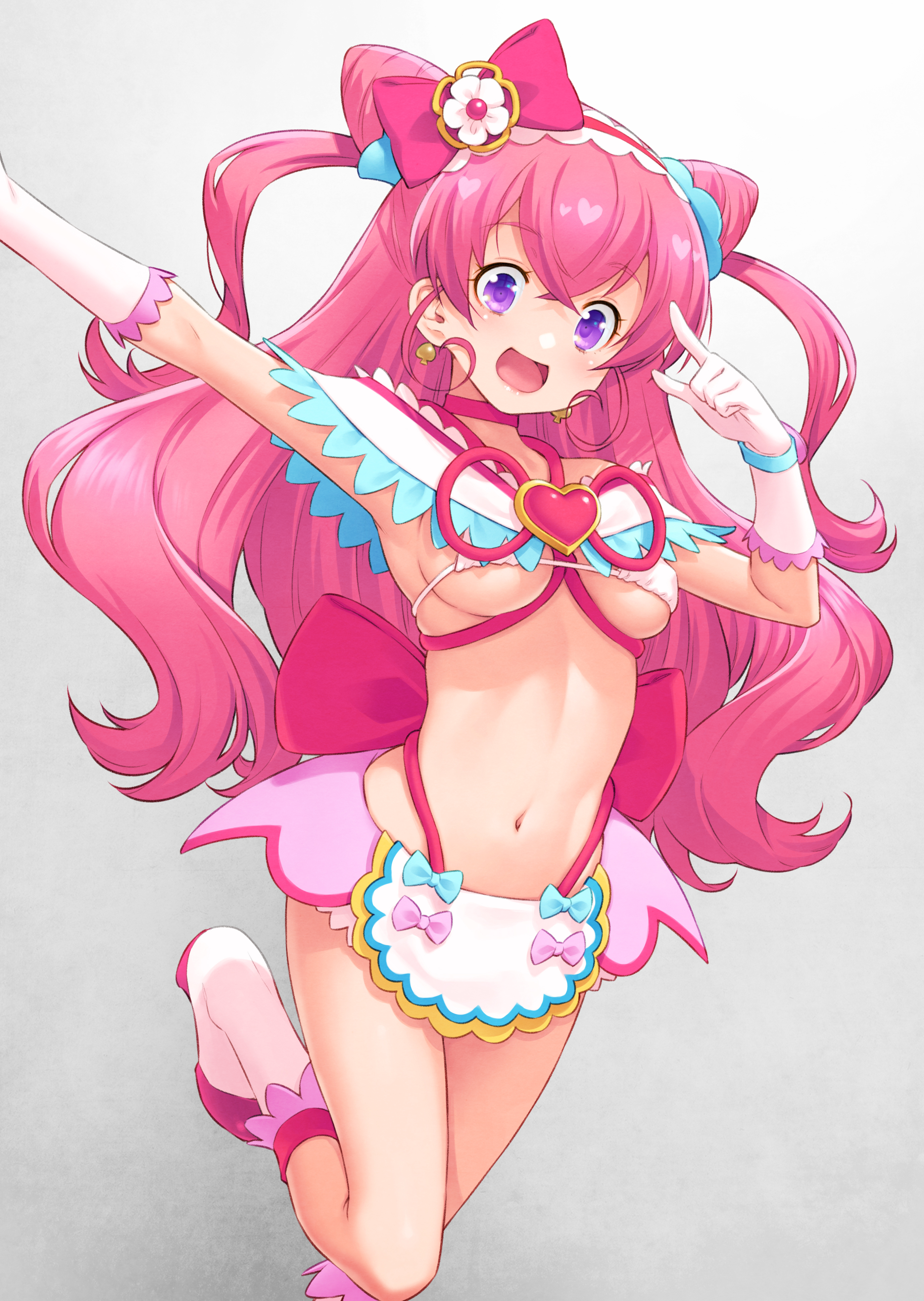 Anime 2753x3874 underboob Pretty Cure magical girls Delicious Party Pretty Cure pink hair armpits open mouth looking at viewer simple background belly Kazuma Muramasa big boobs anime girls