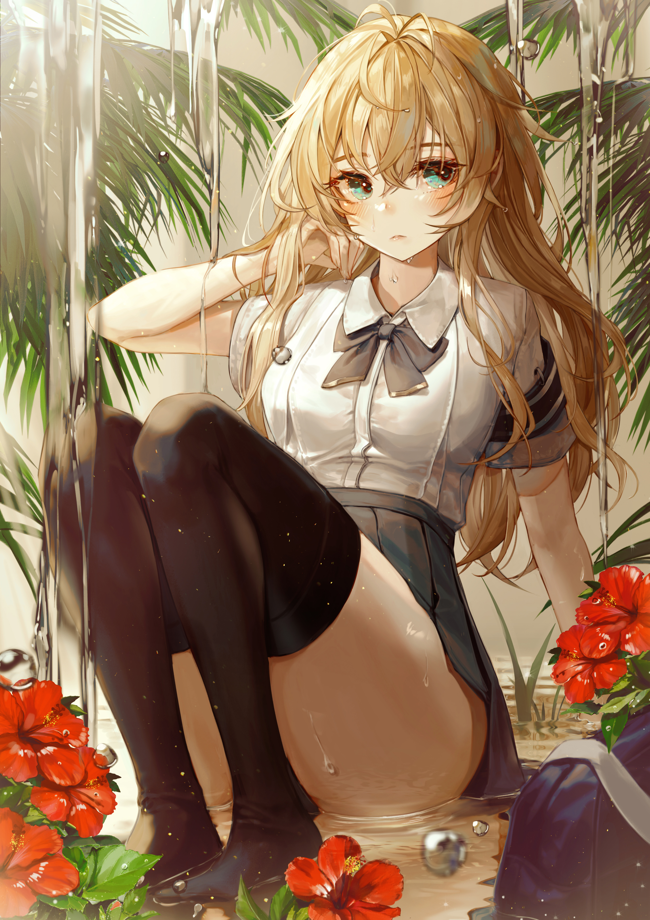 Anime 2480x3508 school uniform wet blonde sitting anime girls blue eyes stockings flowers