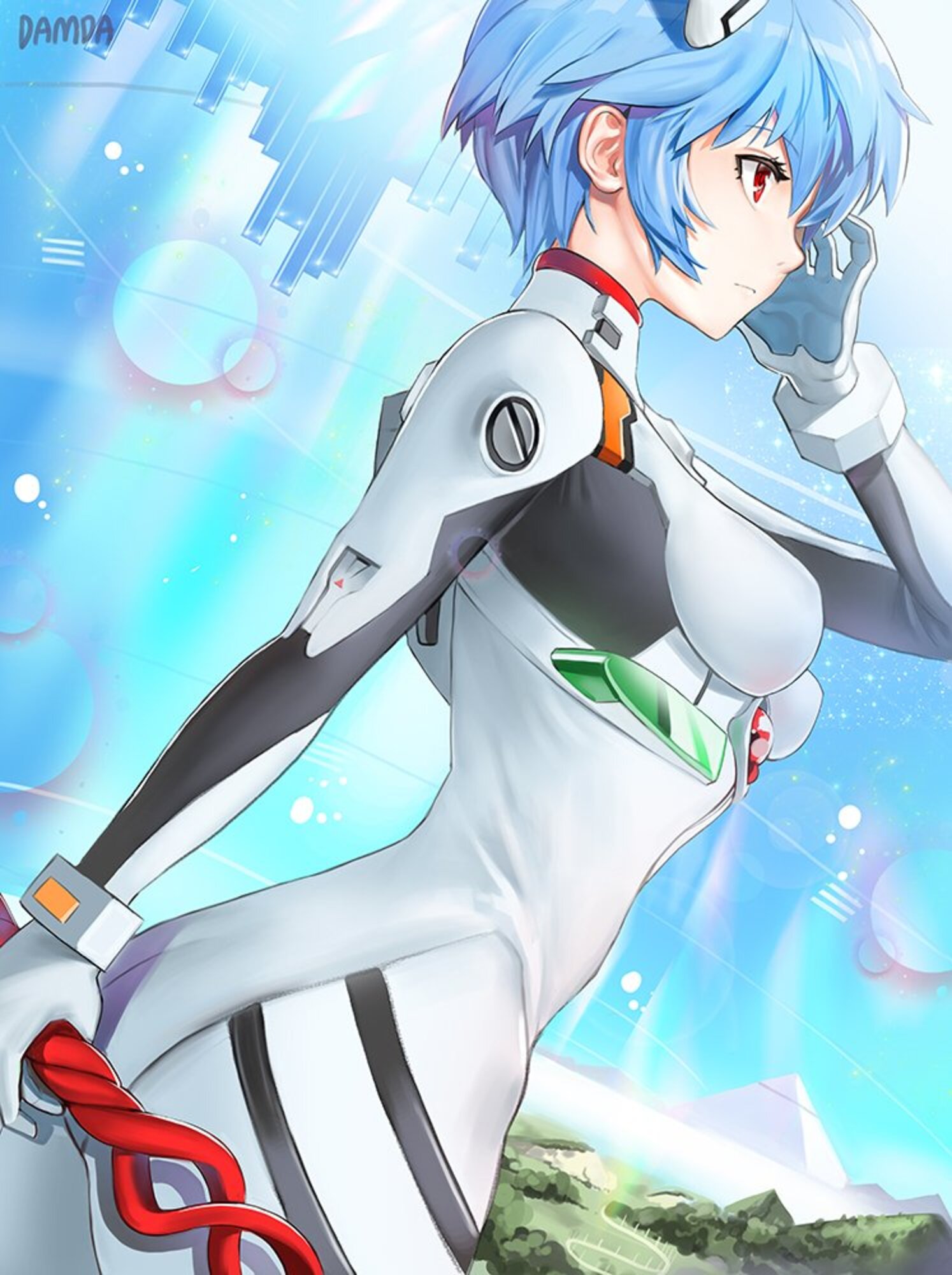 Anime 1494x2000 anime anime girls Rebuild of Evangelion Neon Genesis Evangelion Ayanami Rei short hair blue hair solo artwork digital art fan art bodysuit