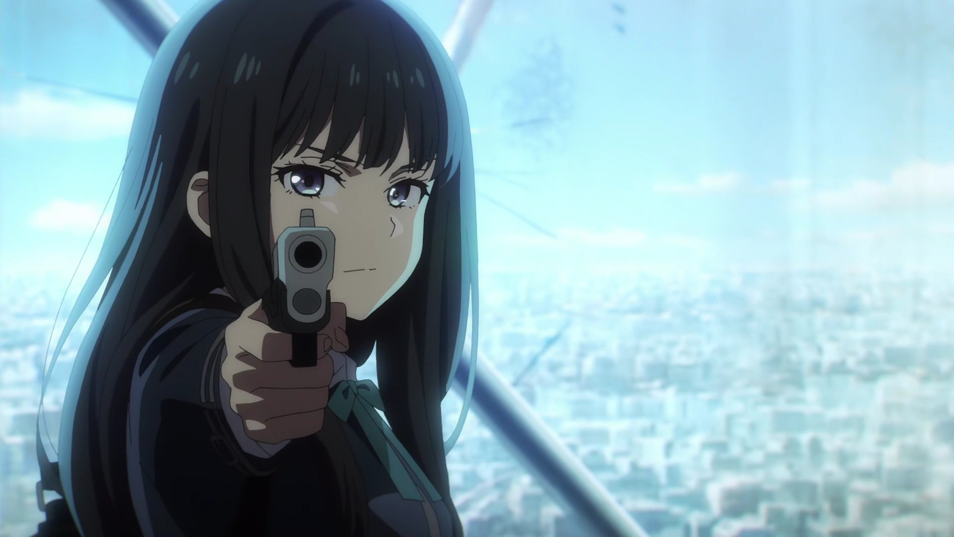 Anime 1920x1080 anime anime girls Anime screenshot Lycoris Recoil Inoue Takina long hair black hair solo digital art gun girls with guns at gunpoint