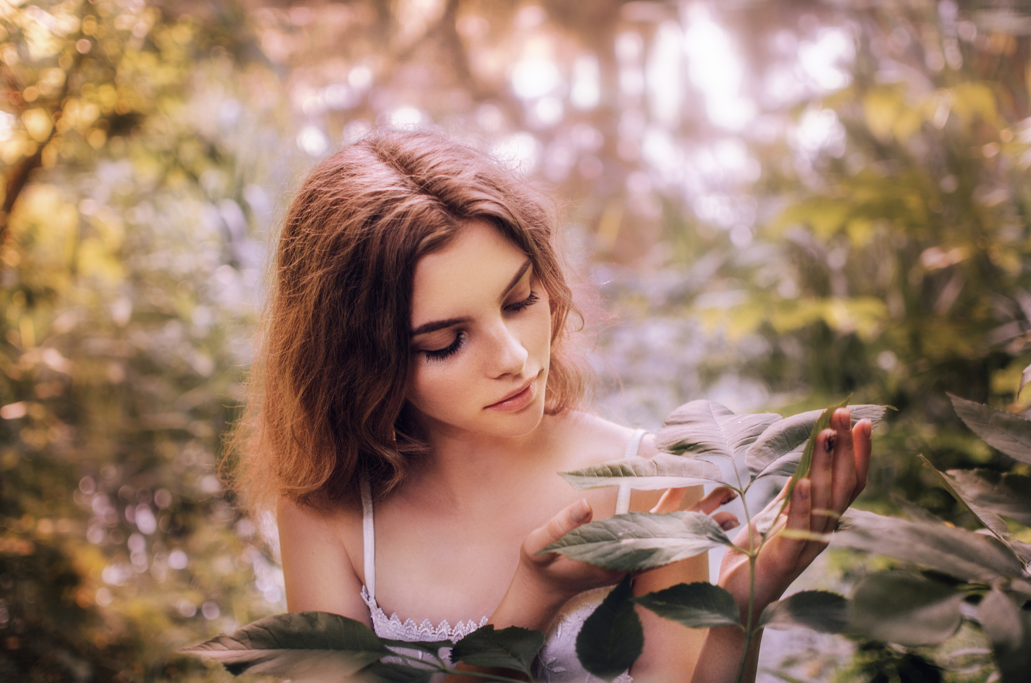 People 3500x2318 Vitaliy Shevchenko women brunette shoulder length hair nature plants leaves portrait model women outdoors