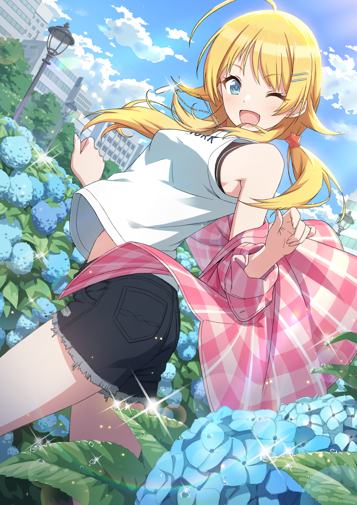 Anime 1254x1771 2D anime girls digital art artwork Amochin THE iDOLM@STER Hachimiya Meguru blonde blue eyes wink shorts flowers
