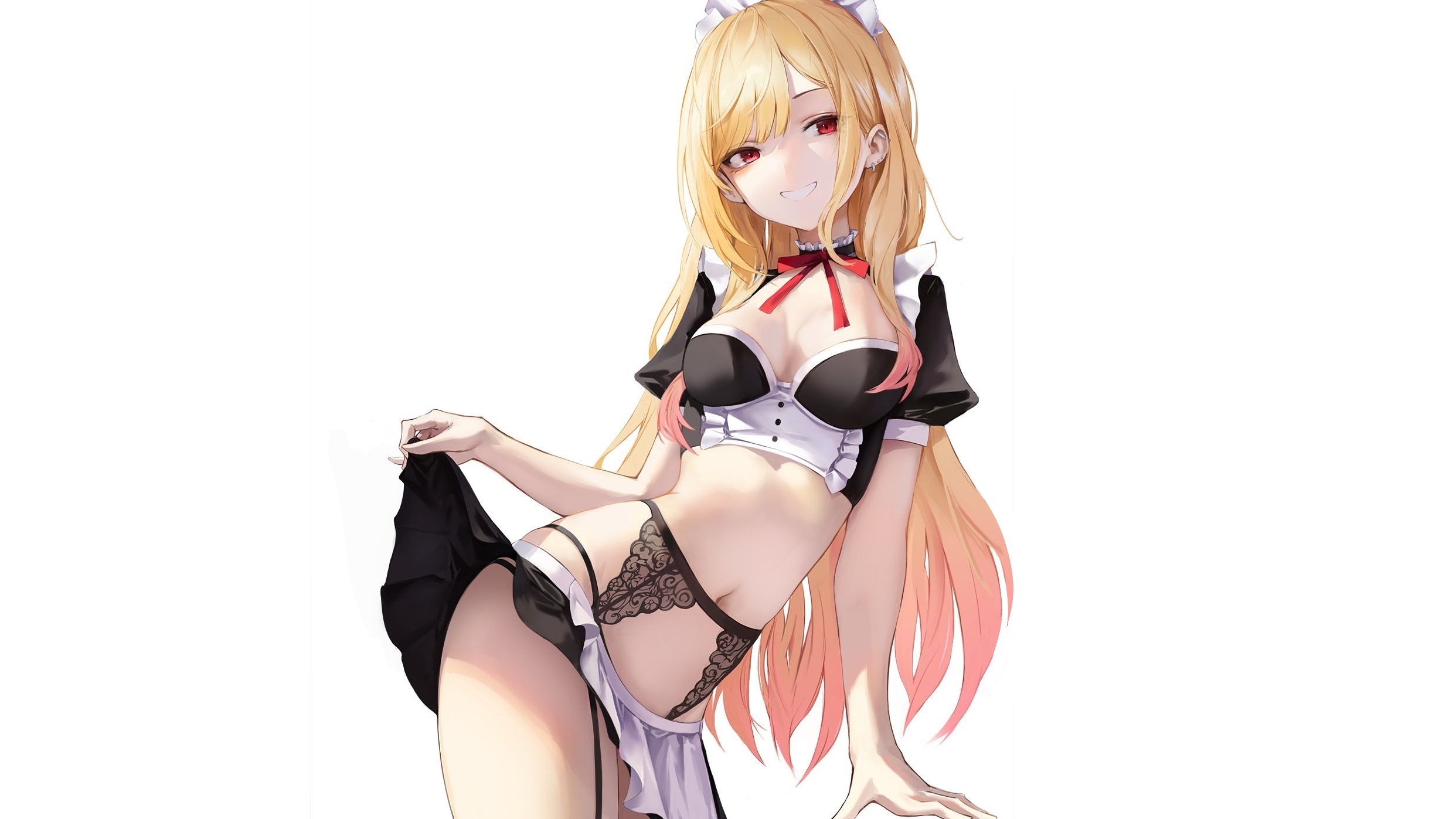 Anime 2484x1397 Sono Bisque Doll wa Koi wo Suru Kitagawa Marin anime anime girls simple background looking at viewer smiling leaning maid outfit lingerie blonde long hair red eyes collar boobs cleavage belly bare midriff garter belt garter straps skirt thighs lifting skirt