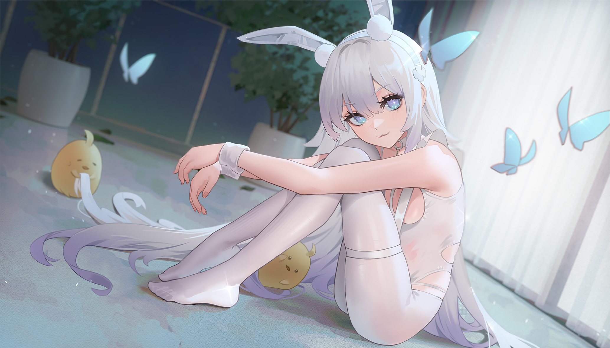Anime 2067x1181 anime anime girls butterfly bunny suit silver hair long hair blue eyes Azur Lane Le Malin (Azur Lane) artwork Cirilla (artist) loli