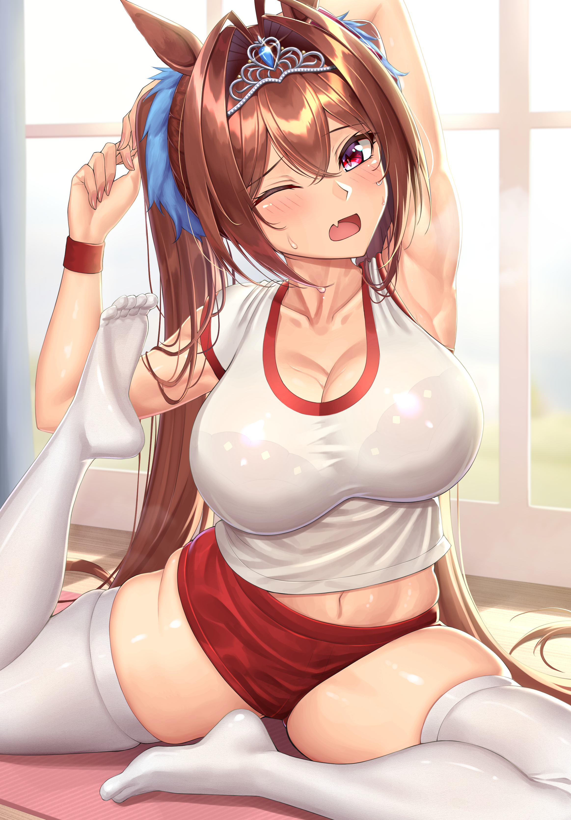 Anime 2326x3338 stretching white shirt bloomers cleavage thighs zettai ryouiki white stockings belly wet clothing sweaty body erotic art  blushing big boobs see-through shirt twintails anime girls brunette one eye closed tiaras animal ears ecchi 2D curvy pink nails long hair portrait display anime looking at viewer red eyes fangs bangs gym clothes open mouth armpits fan art artwork Nemunemu Semi