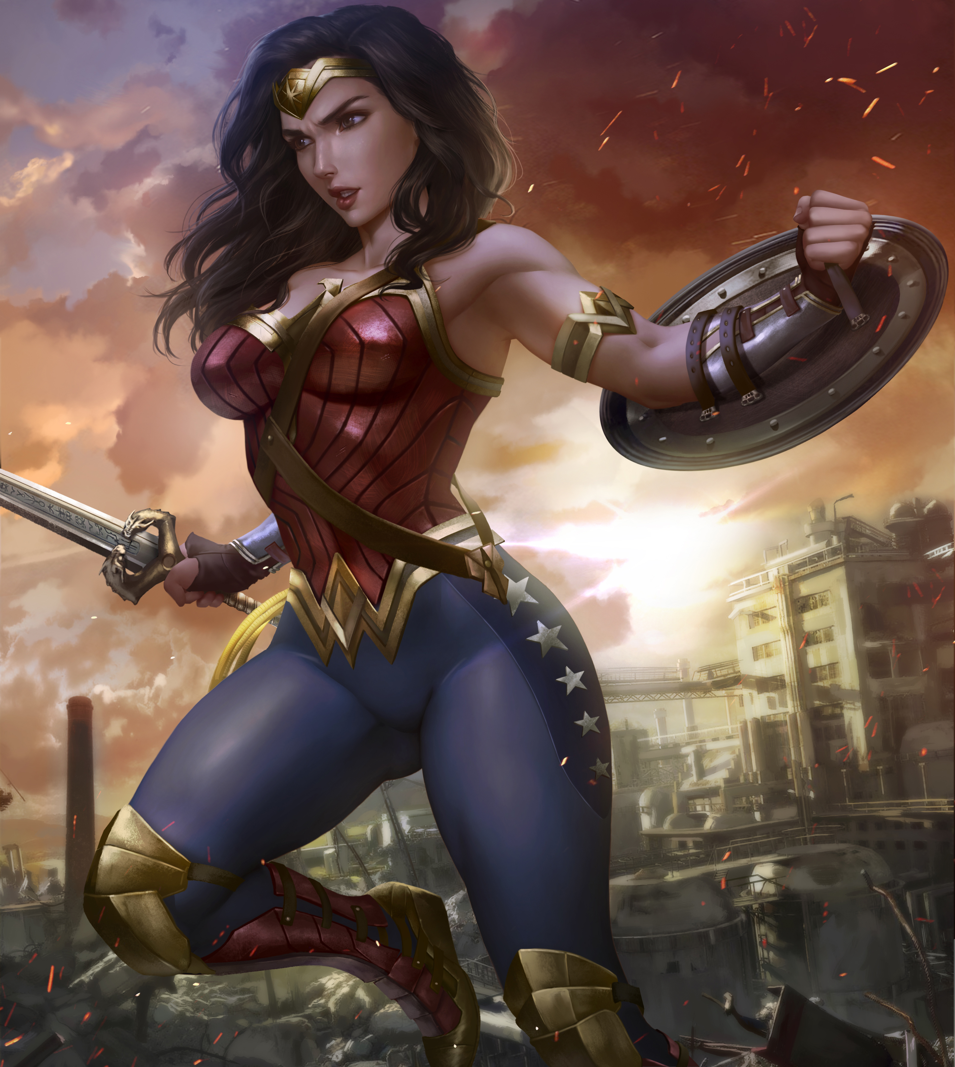 General 3171x3543 Wonder Woman superheroines tiaras armlet shield sword weapon clouds drawing digital art leggings illustration fan art Logan Cure city boots