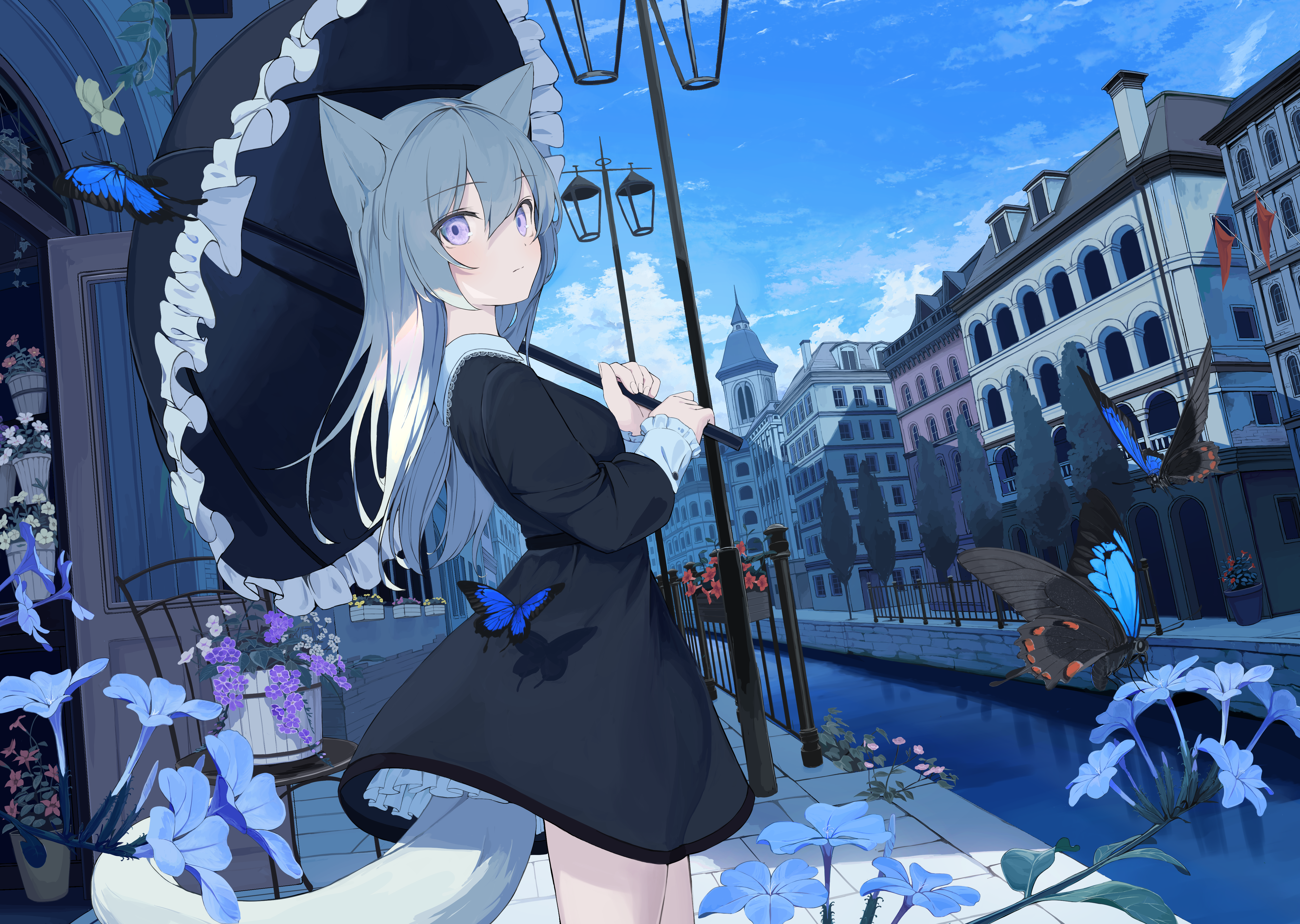 Anime 5098x3624 mikisai city animal ears tail gray hair purple eyes anime girls butterfly umbrella flowers dress anime water building sky clouds chair trees cat girl cat ears cat tail