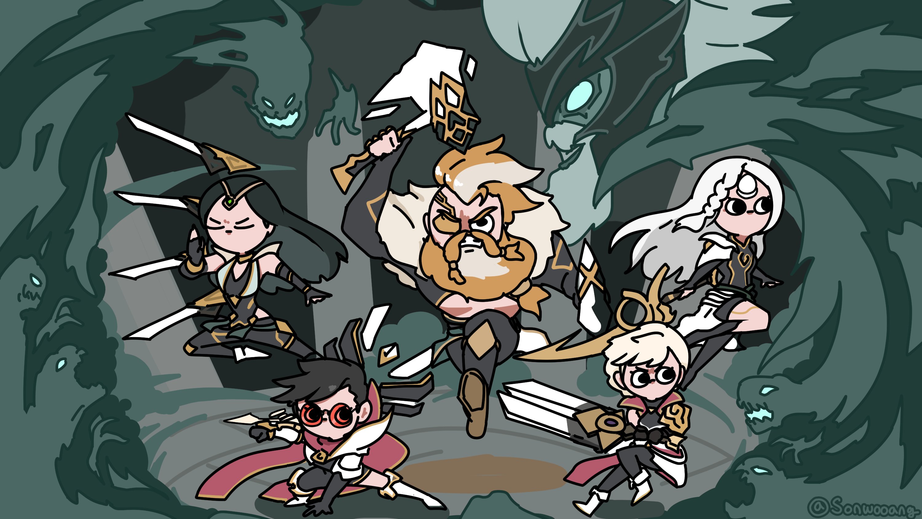 General 3000x1688 League of Legends Riot Games Irelia (League of Legends) Vayne (League of Legends) Olaf (League of Legends) Riven (League of Legends) Diana (League of Legends) Pantheon (League of Legends) sonwooang video game girls video game characters Ruined artwork fan art illustration digital art PC gaming video game art