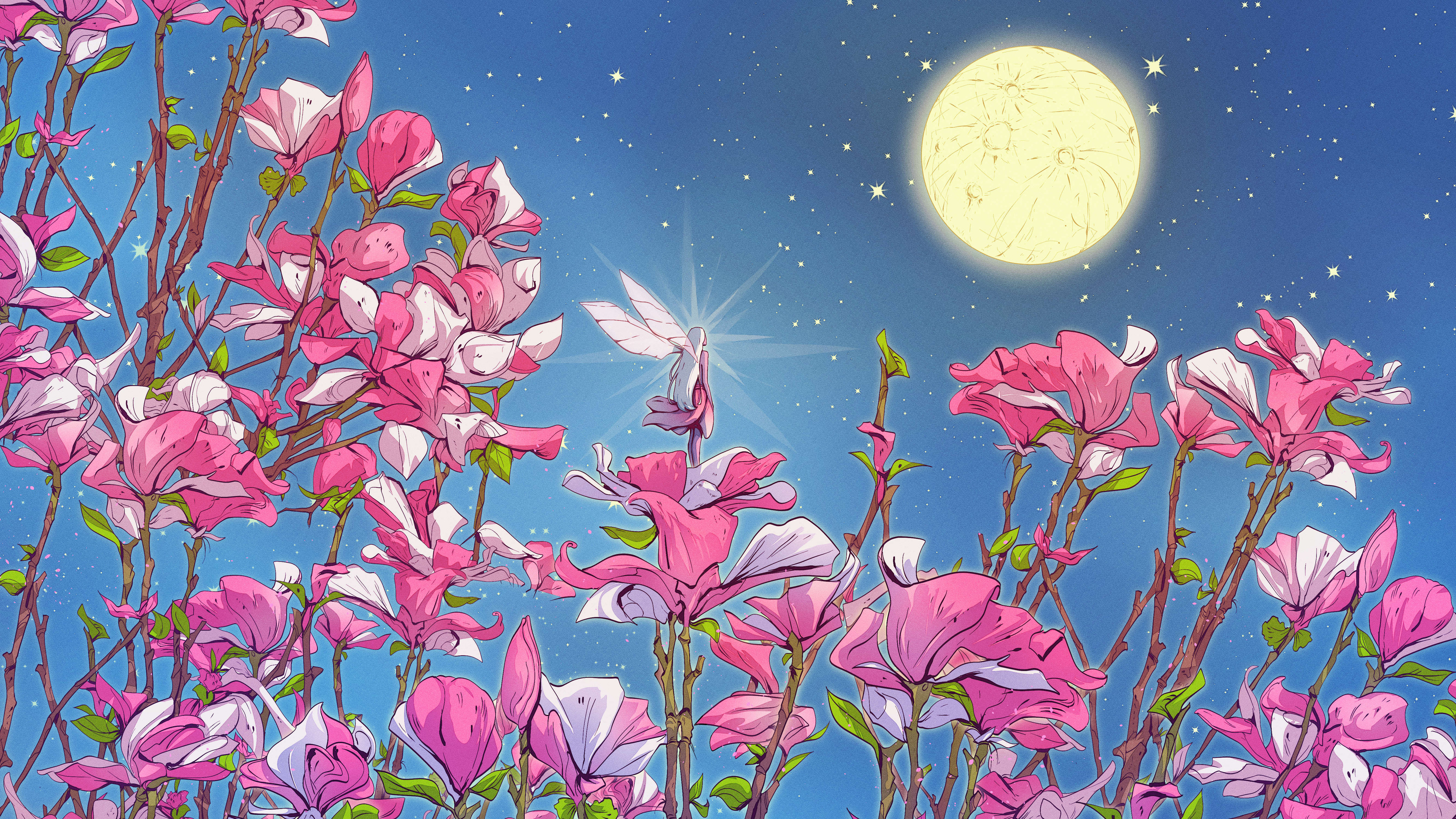 General 3840x2160 Christian Benavides digital art fantasy art flowers night sky fairies Moon stars magnolia