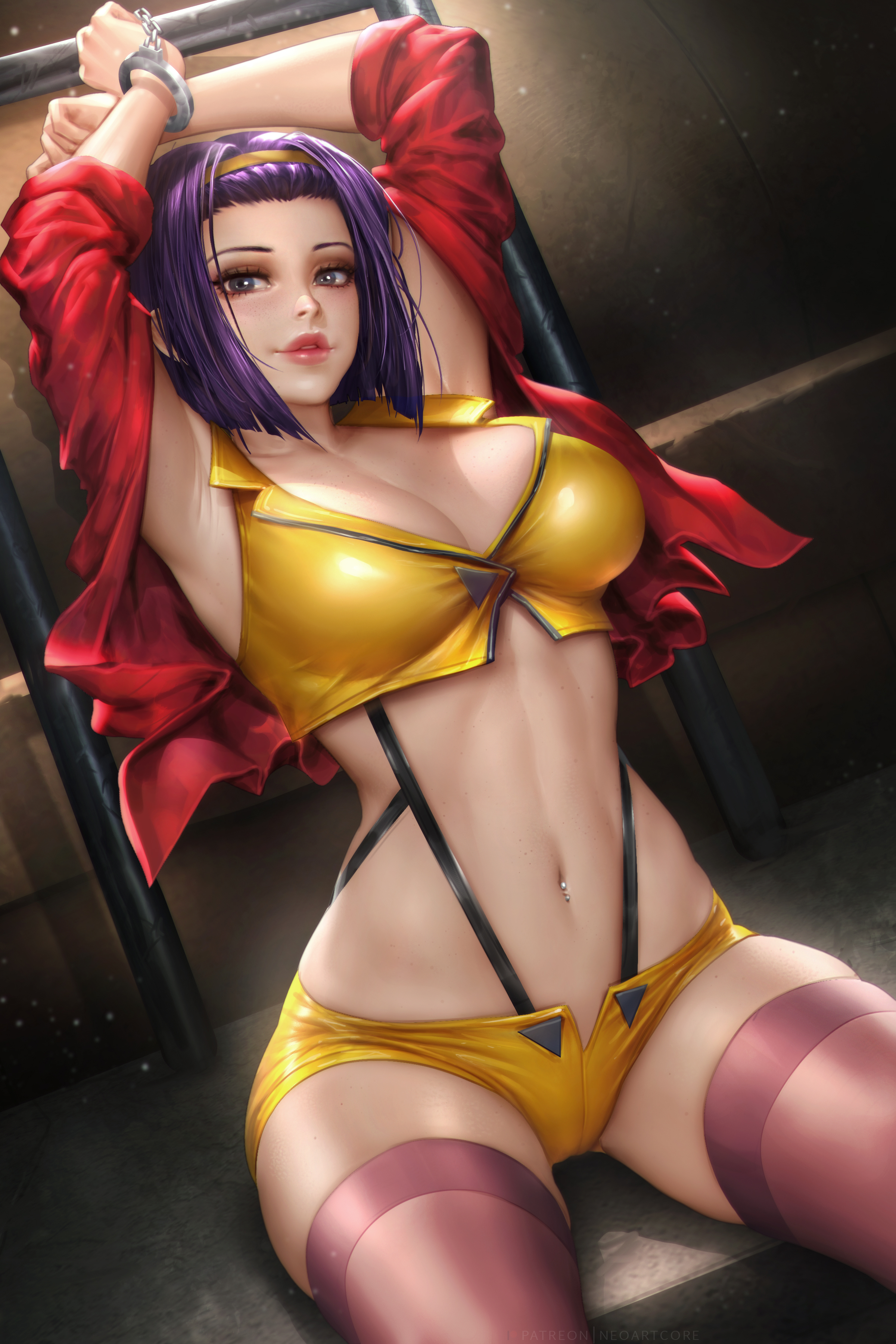 Anime 2400x3597 Faye Valentine Cowboy Bebop anime anime girls purple hair looking at viewer headband freckles parted lips jacket yellow clothing cleavage crop top short shorts belly pierced navel lingerie thick thigh stockings sitting handcuffs portrait display artwork drawing digital art illustration fan art NeoArtCorE (artist) arms up