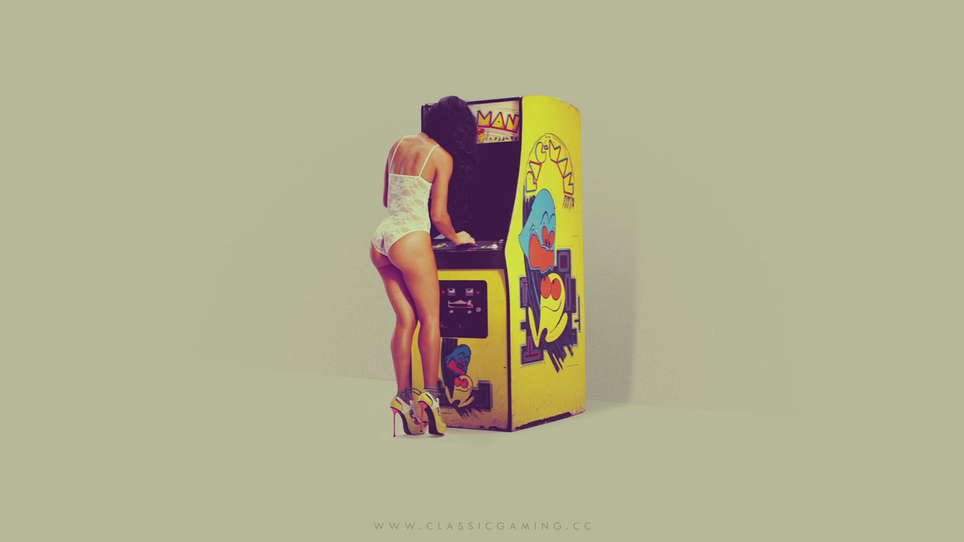 People 1920x1080 high heels arcade cabinet legs white lingerie Pac-Man  women model brunette ass rear view studio video games