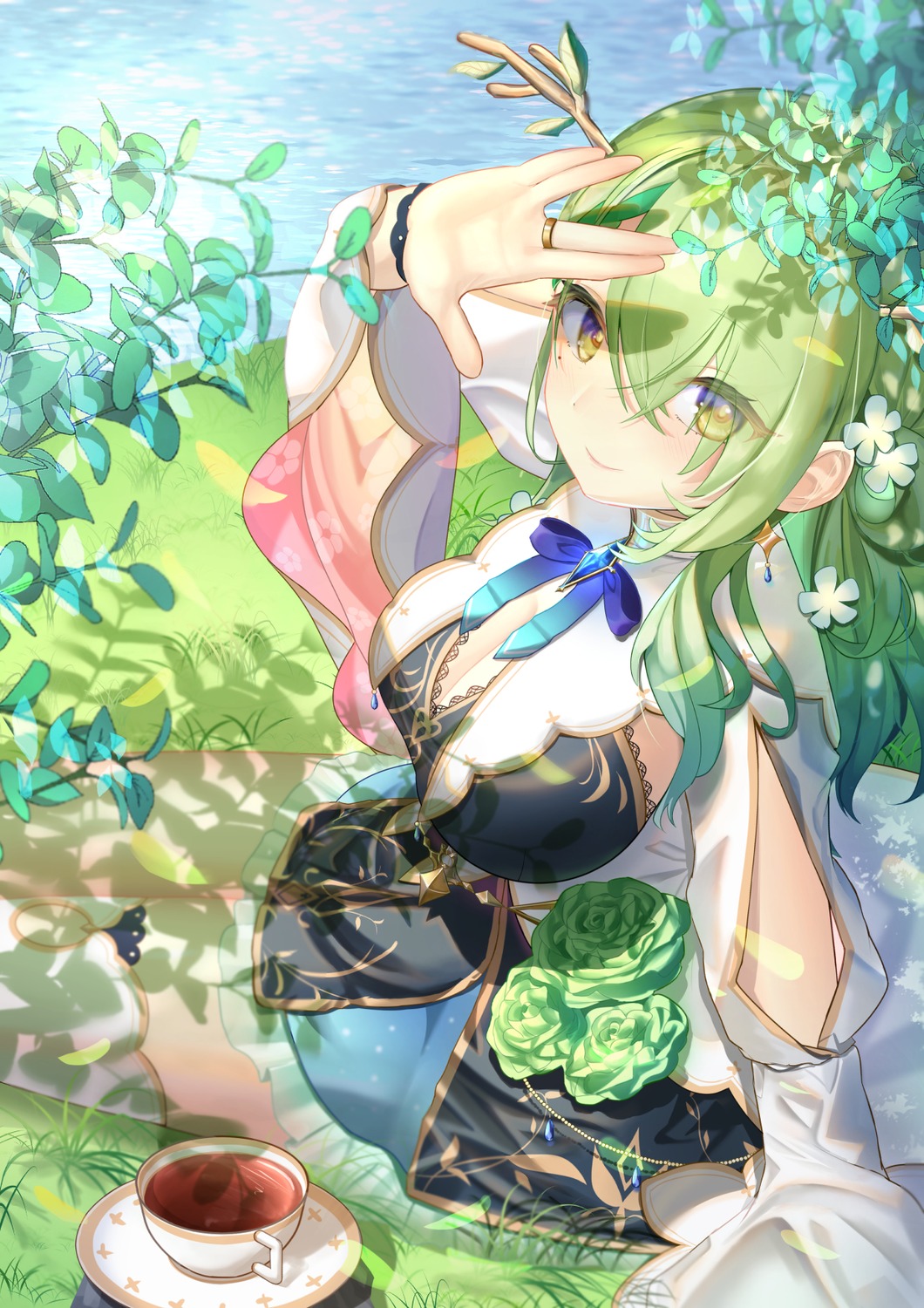 Anime 1060x1500 Hololive Ceres Fauna green hair green flowers flower in hair yellow eyes