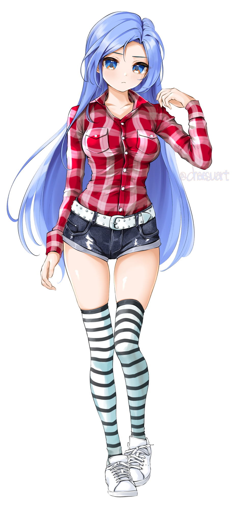 Anime 970x2000 Chaesu Pixiv 2D digital art anime anime girls shorts sneakers plaid plaid shirt petite blue hair