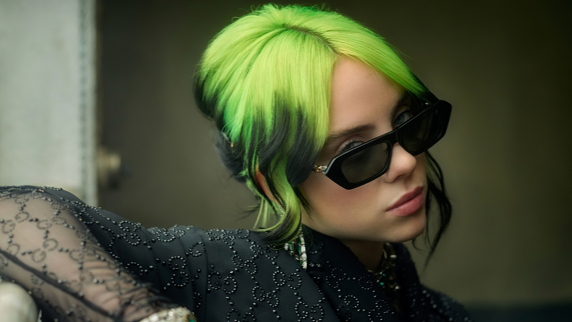 People 1920x1080 Billie Eilish music singer depth of field women closeup green hair sunglasses looking at viewer