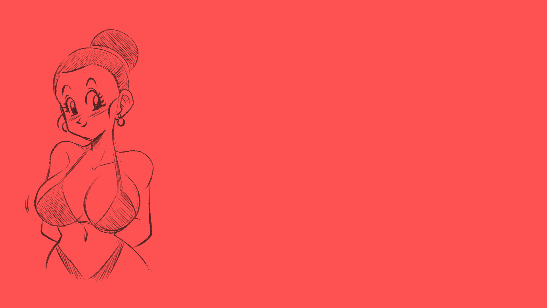 Anime 1920x1080 Chi-Chi Dragon Ball Dragon Ball Z hairbun minimalism sketches bikini boobs big boobs anime girls earring bare shoulders belly button blushing arm(s) behind back smiling hips wide hips straps bra straps monochrome red background simple background
