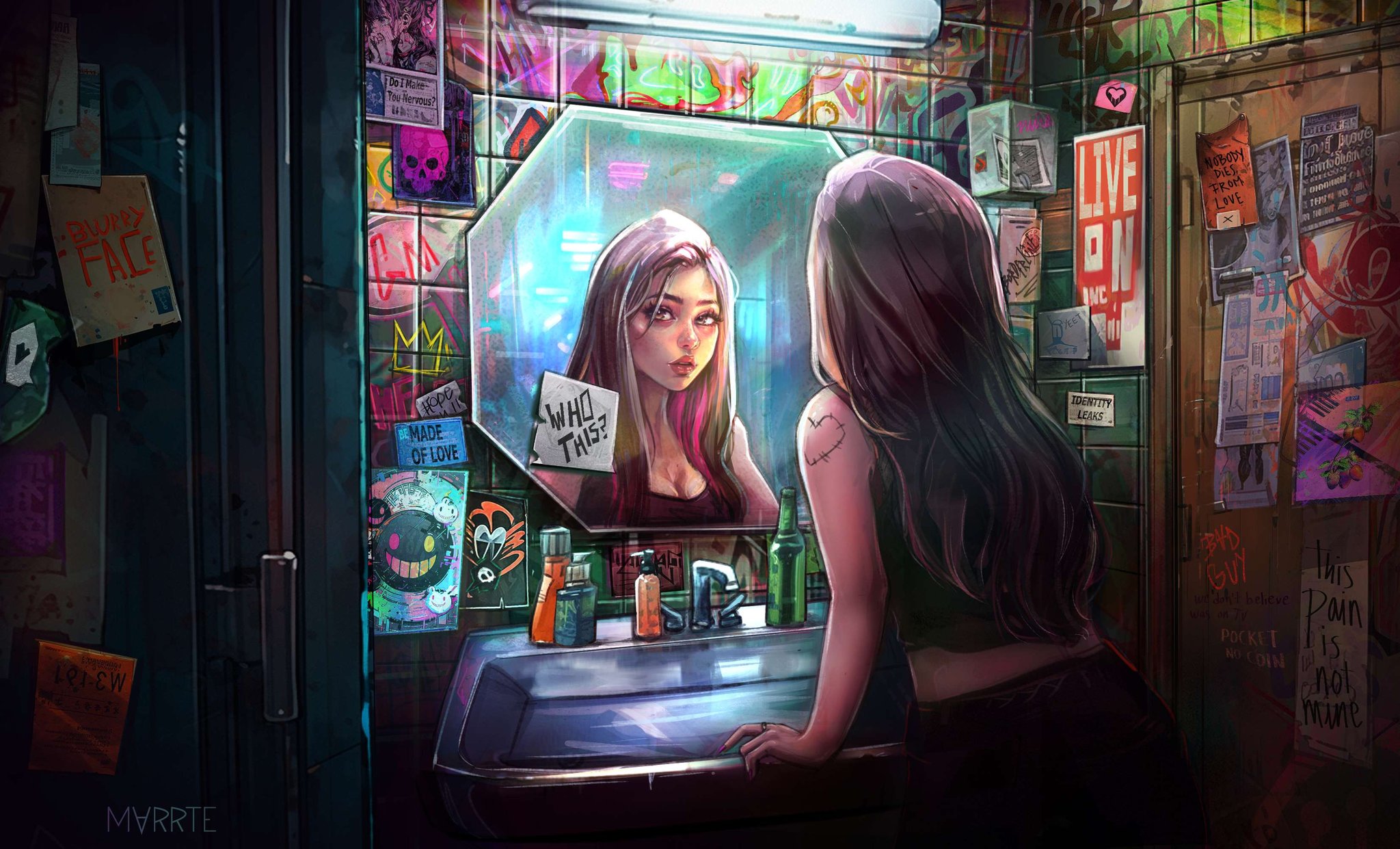 General 2048x1241 digital art artwork illustration women long hair reflection gray hair indoors looking at viewer bathroom