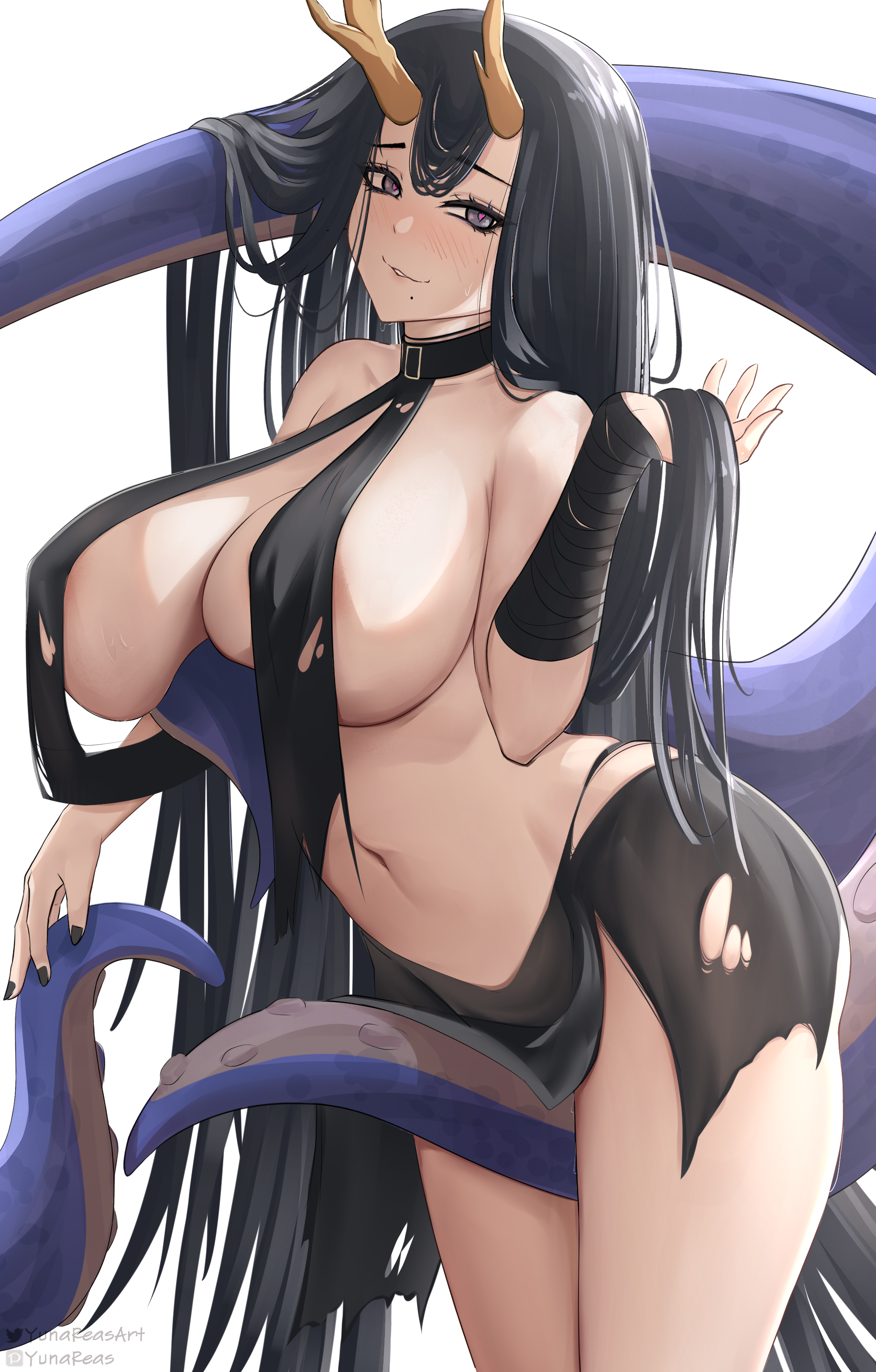 Anime 1832x2867 anime anime girls Golden Hind (Azur Lane) Azur Lane breast curtains black hair gray eyes tentacles big boobs painted nails black nails belly white background long hair antlers blushing looking at viewer moles mole under mouth portrait display Yunareas huge breasts areola slip vertical breast covering