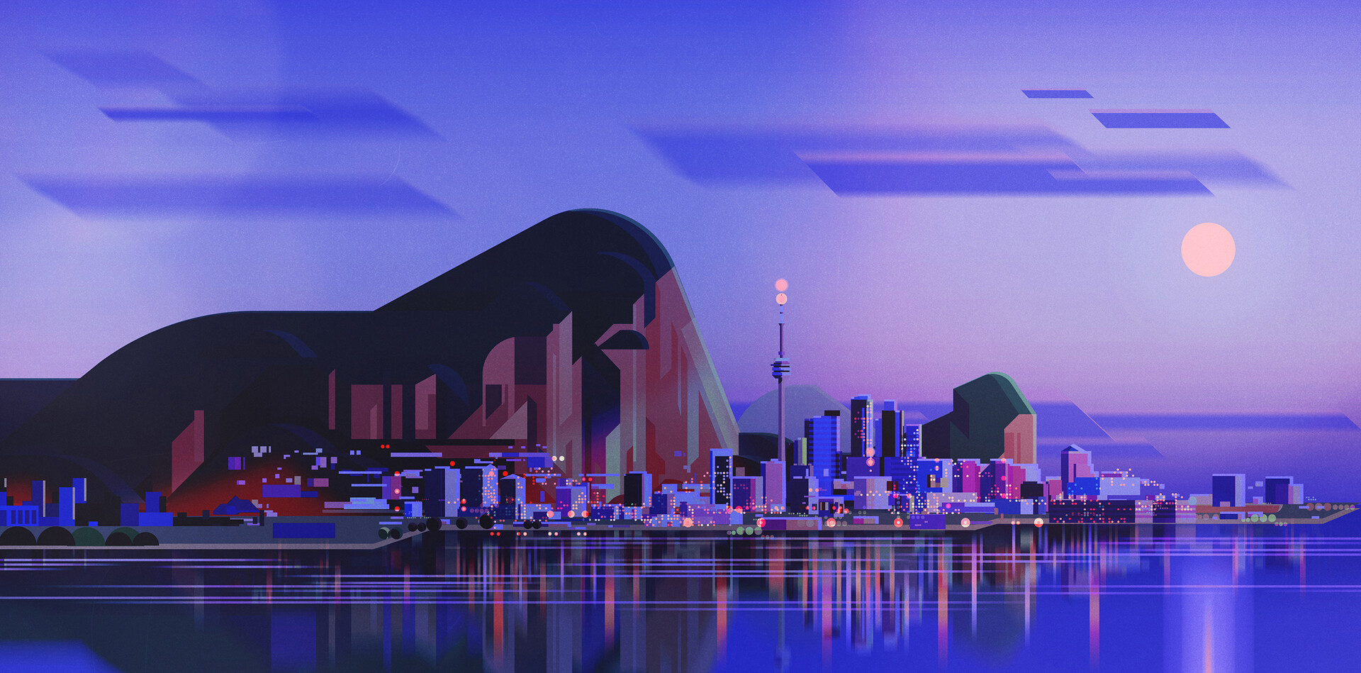 General 1920x949 city night Moon reflection water mountain view building skyscraper tower James Gilleard