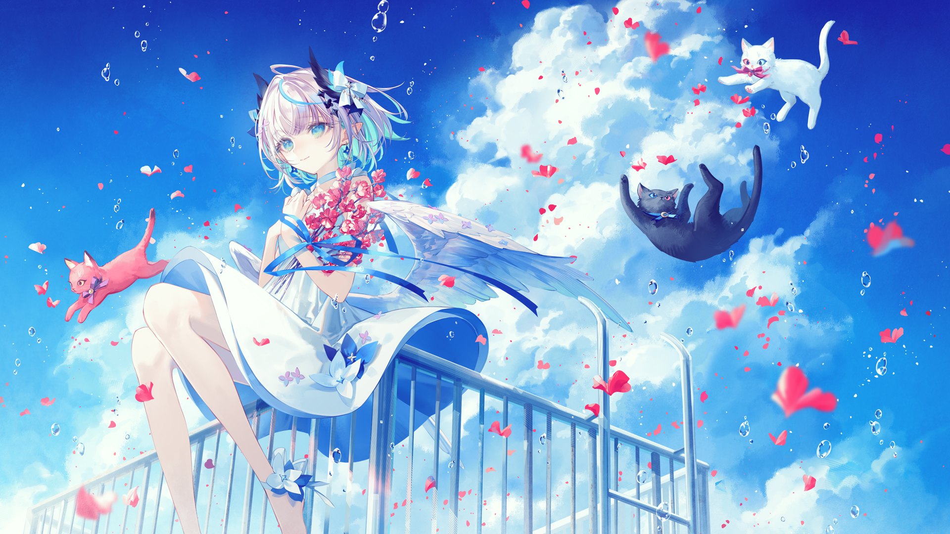 Anime 1920x1080 wings lifting skirt short hair rooftops pointy ears gray hair clouds aqua eyes barefoot