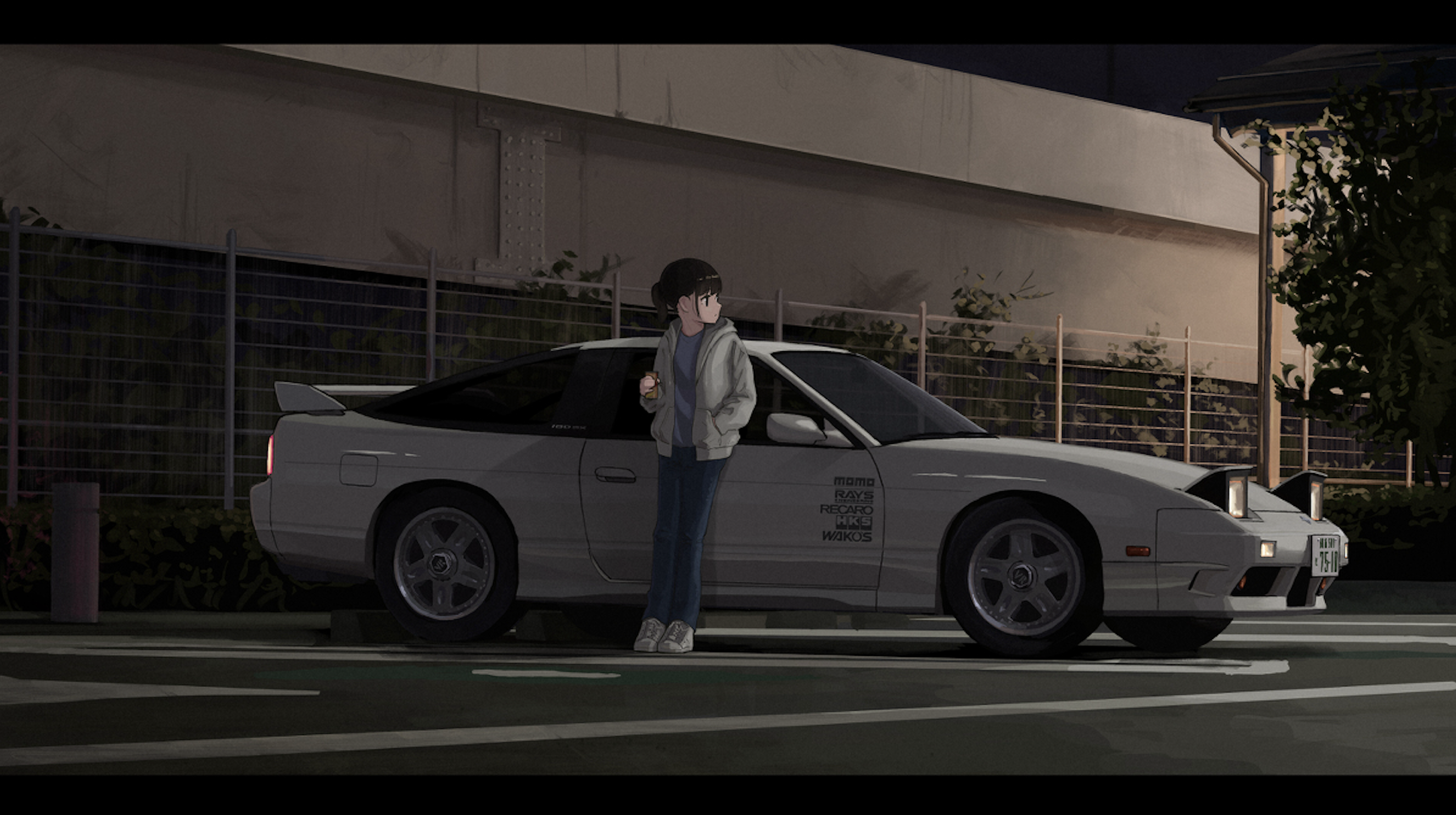 Anime 2994x1676 illustration artwork anime girls Nissan Nissan 180SX ponytail white hoodie Japanese cars night white cars