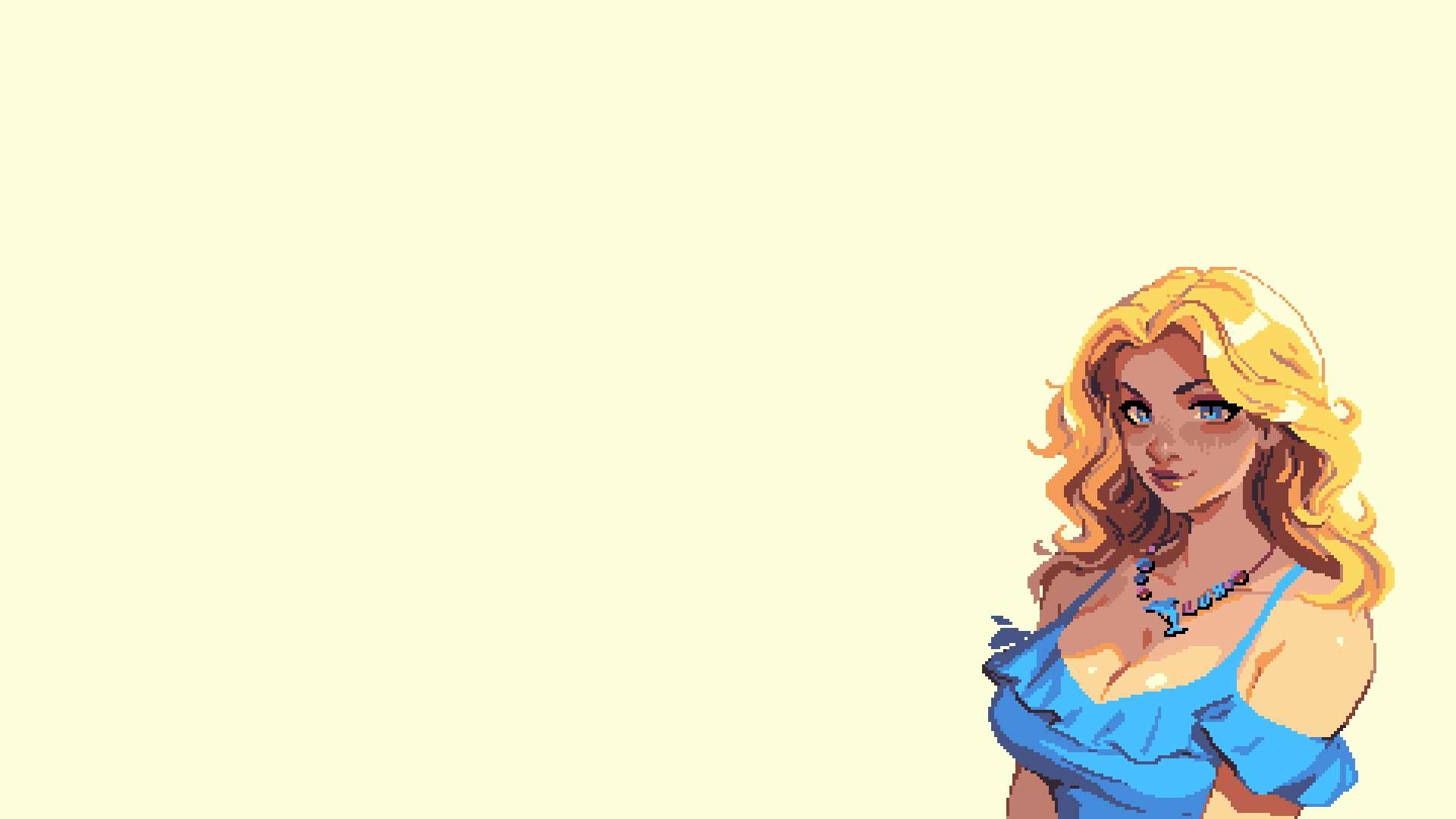 Anime 1920x1080 Stardew Valley Haley (Stardew Valley) blonde pixel art simple background pixelated necklace long hair video games video game girls green eyes bare shoulders boobs big boobs cleavage frills blue shirt blue dress dolphin