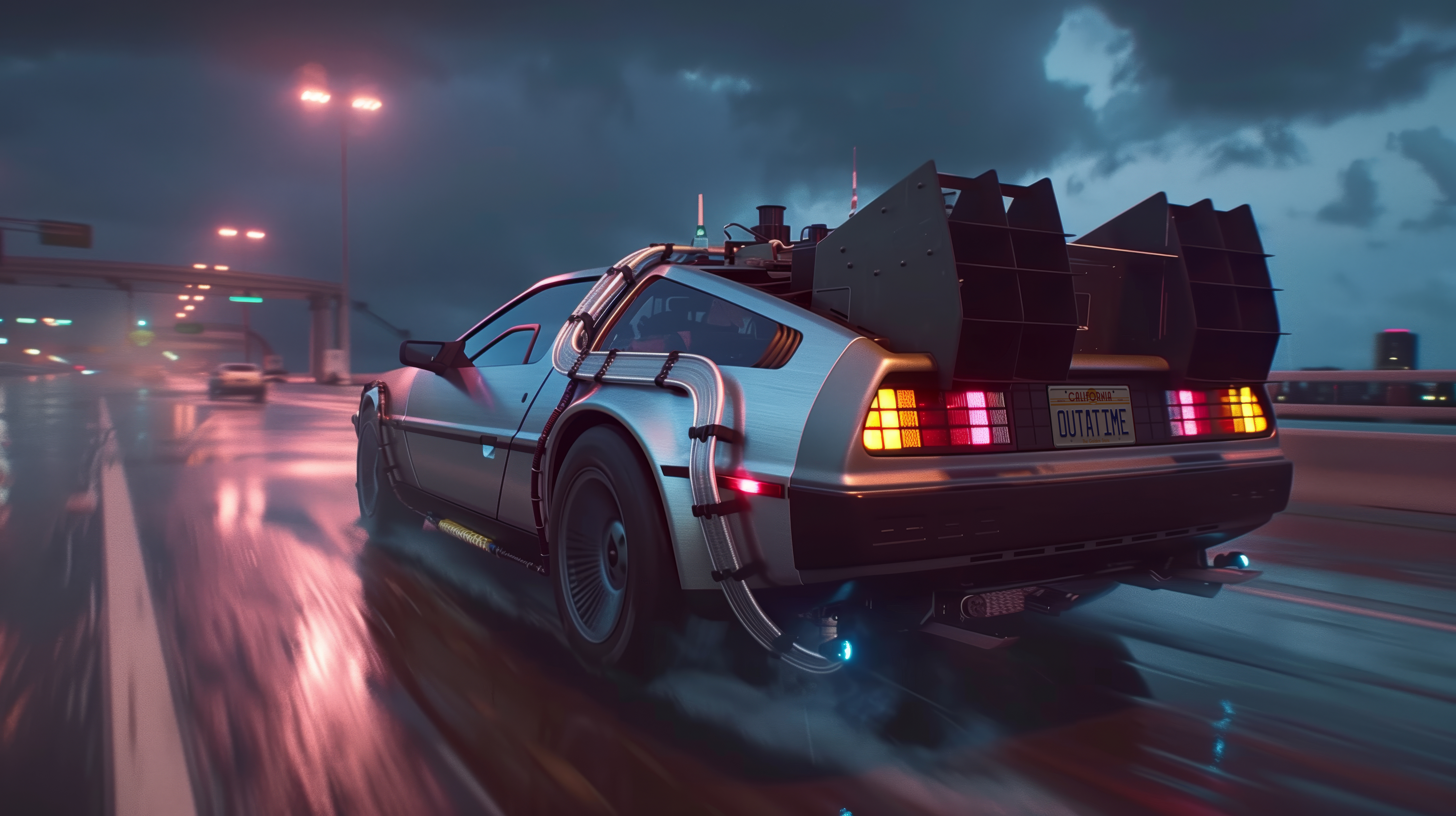 General 5824x3264 car AI art DeLorean Time Machine driving taillights highway night