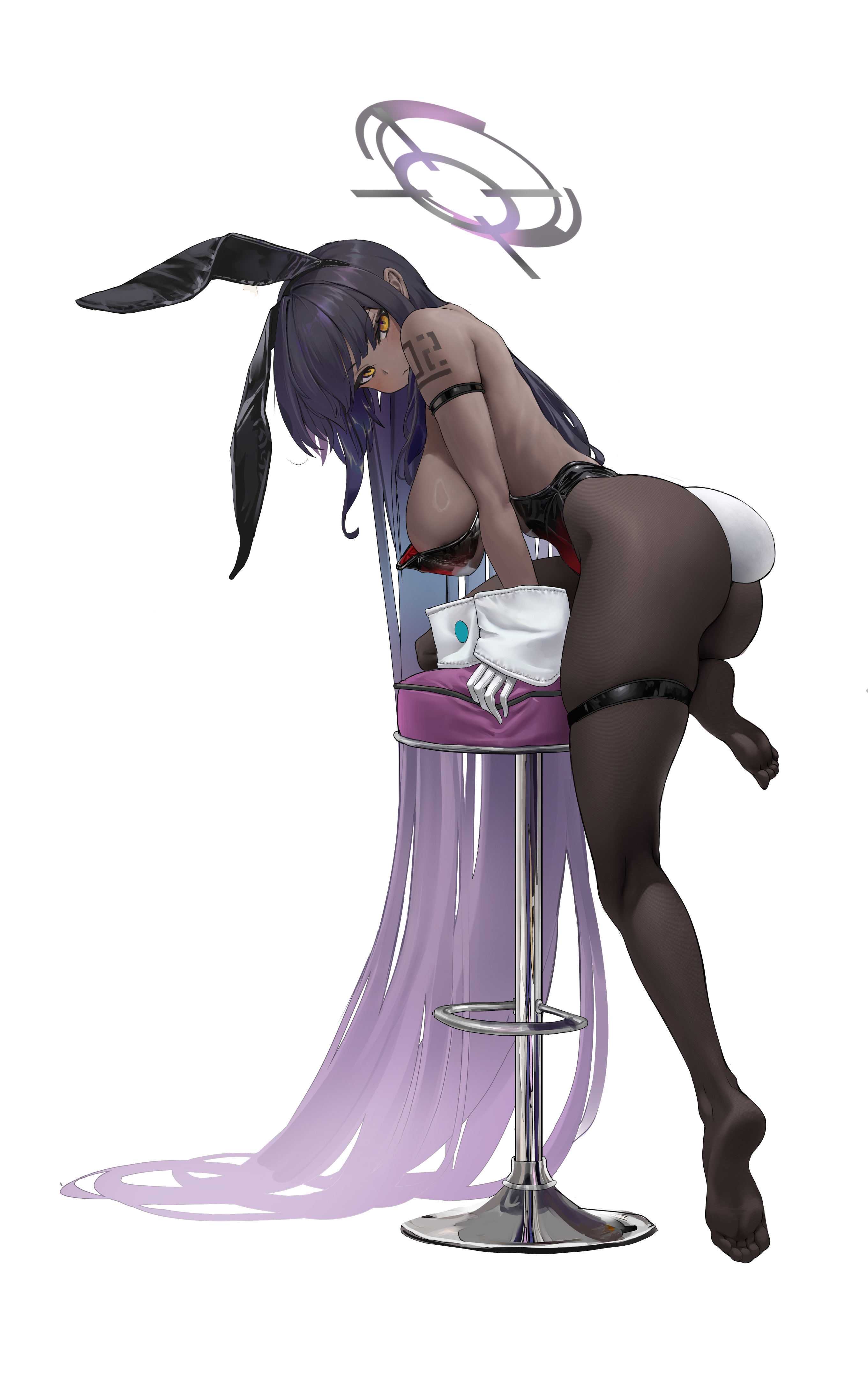 Anime 2720x4349 Blue Archive bunny suit portrait display thighs Kakudate Karin bunny tail huge breasts pantyhose white background back simple background ass leotard looking at viewer yellow eyes bunny ears sideboob white gloves thigh strap long hair bar stool wrist cuffs black pantyhose toes B-pang gradient hair