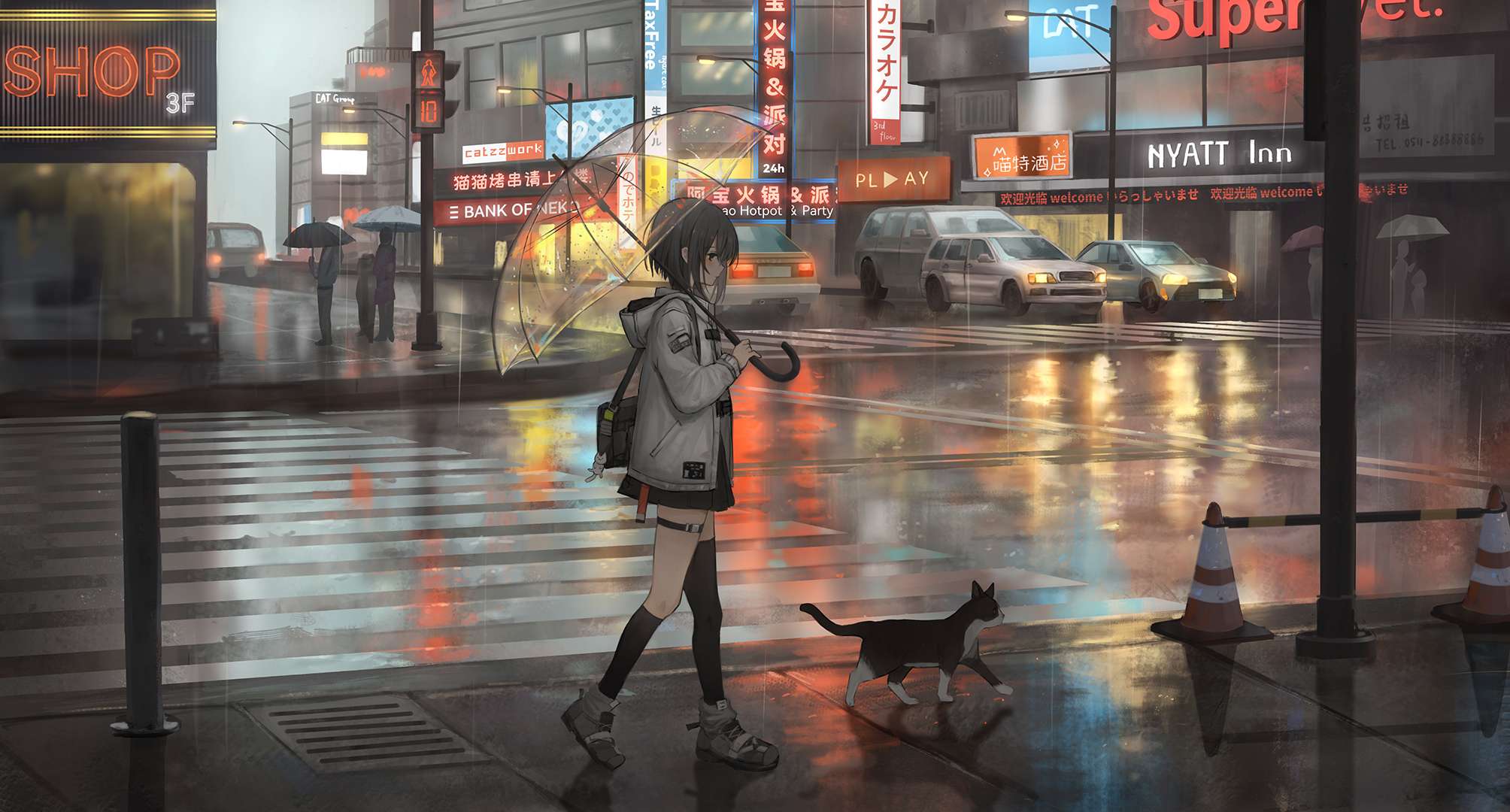 Anime 2008x1080 anime anime girls umbrella street rain catzz
