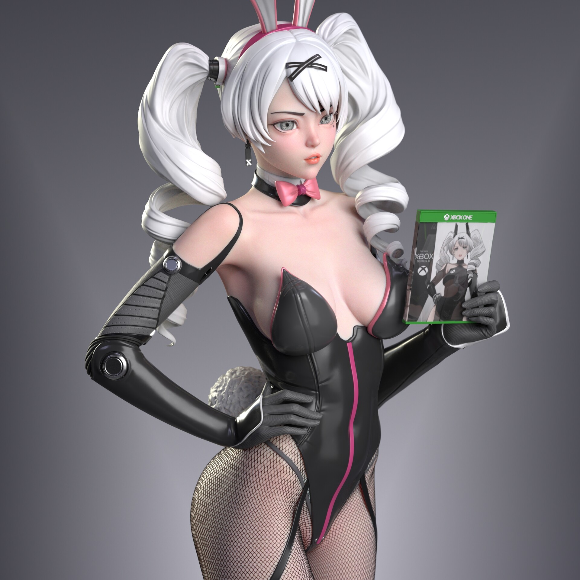 Anime 1920x1920 Chun Du CGI women silver hair twintails bodysuit anime girls fishnet black clothing xbox chan simple background hips bunny suit bunny ears bunny tail black leotard leotard looking away hair ornament long hair arched back bunny girl hands on hips standing digital art