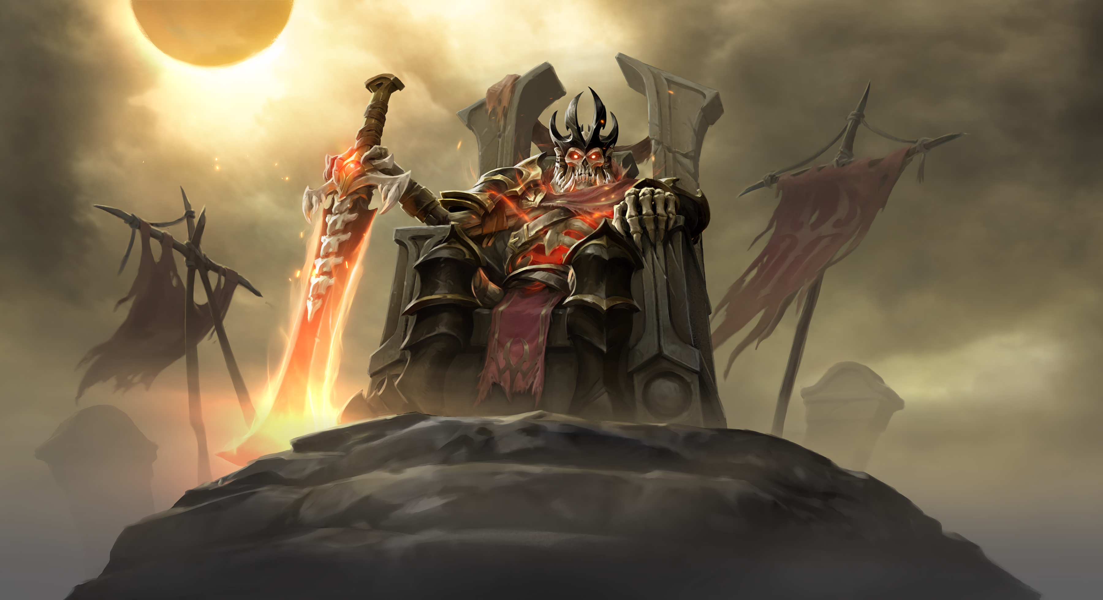 General 3600x1960 Dota 2 Wraith King Arcana Wraith King throne flaming sword skeleton Skeleton King  video games video game art video game characters