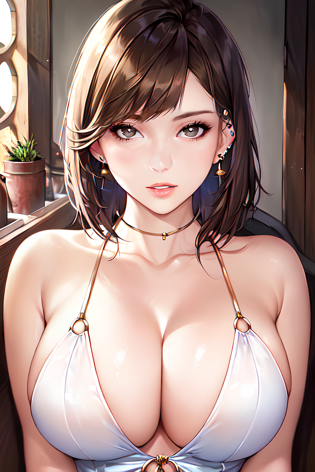 Anime 1024x1536 anime anime girls cleavage big boobs earring short hair frontal view Alploo huge breasts