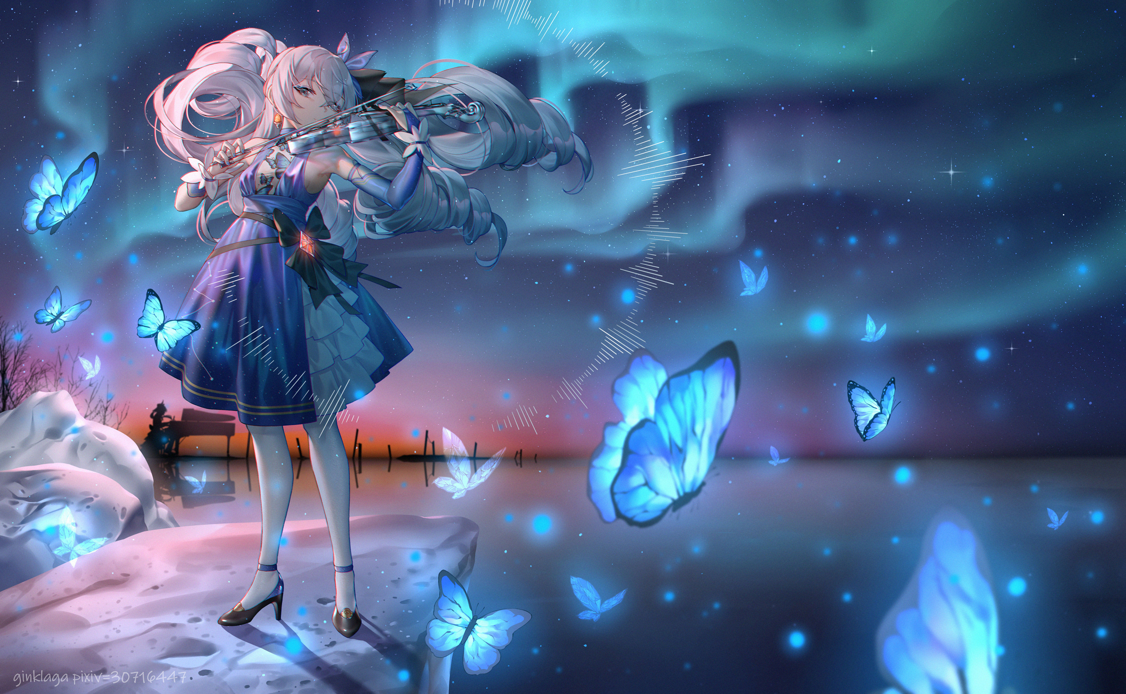 Anime 2270x1400 anime anime girls aurorae butterfly violin dress black heels pantyhose white pantyhose heels silver hair long hair looking at viewer ice musical instrument
