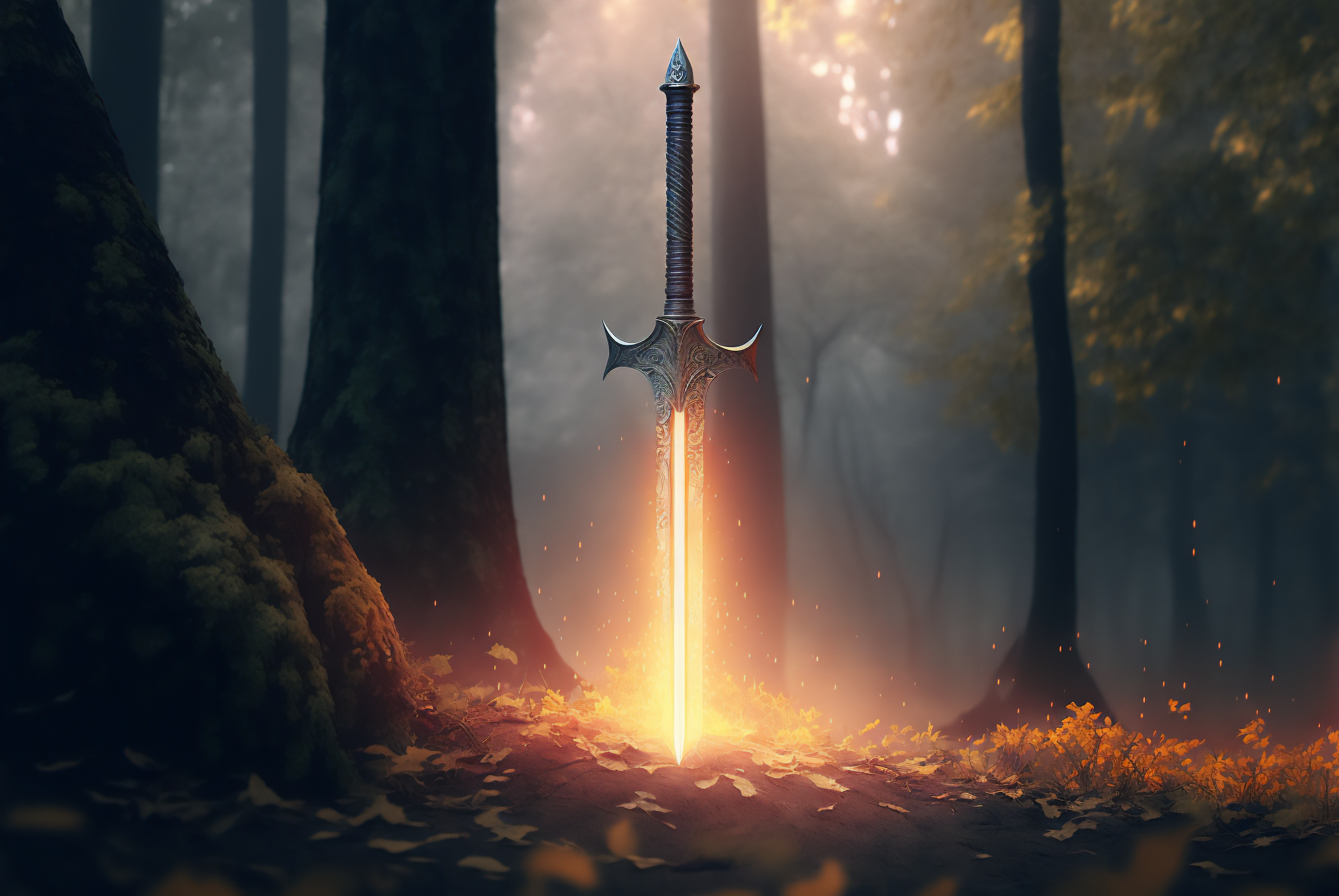 General 3060x2048 AI art illustration sword fire leaves forest weapon