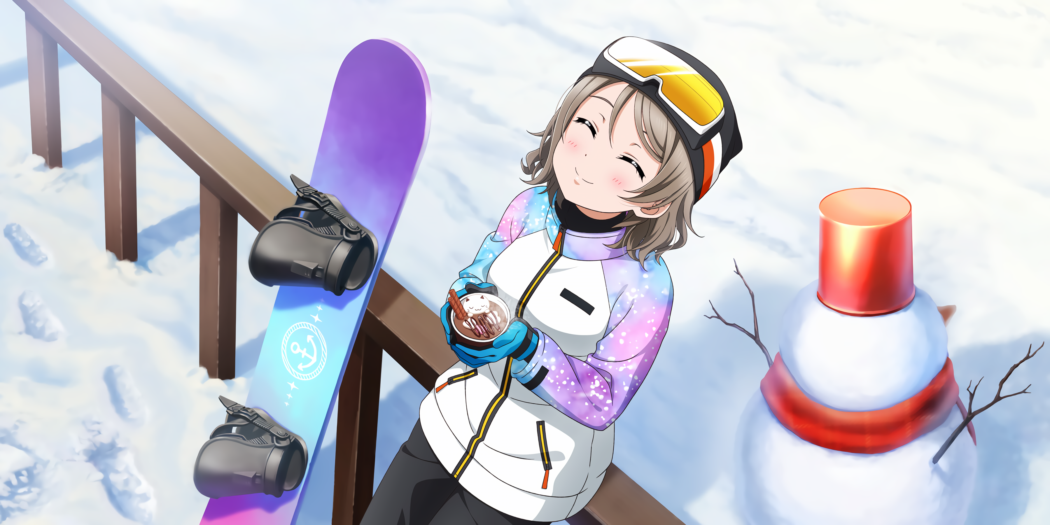 Anime 3600x1800 Watanabe You Love Live! Sunshine Love Live! snow snowman snowboards closed eyes high angle food smiling gloves anime anime girls