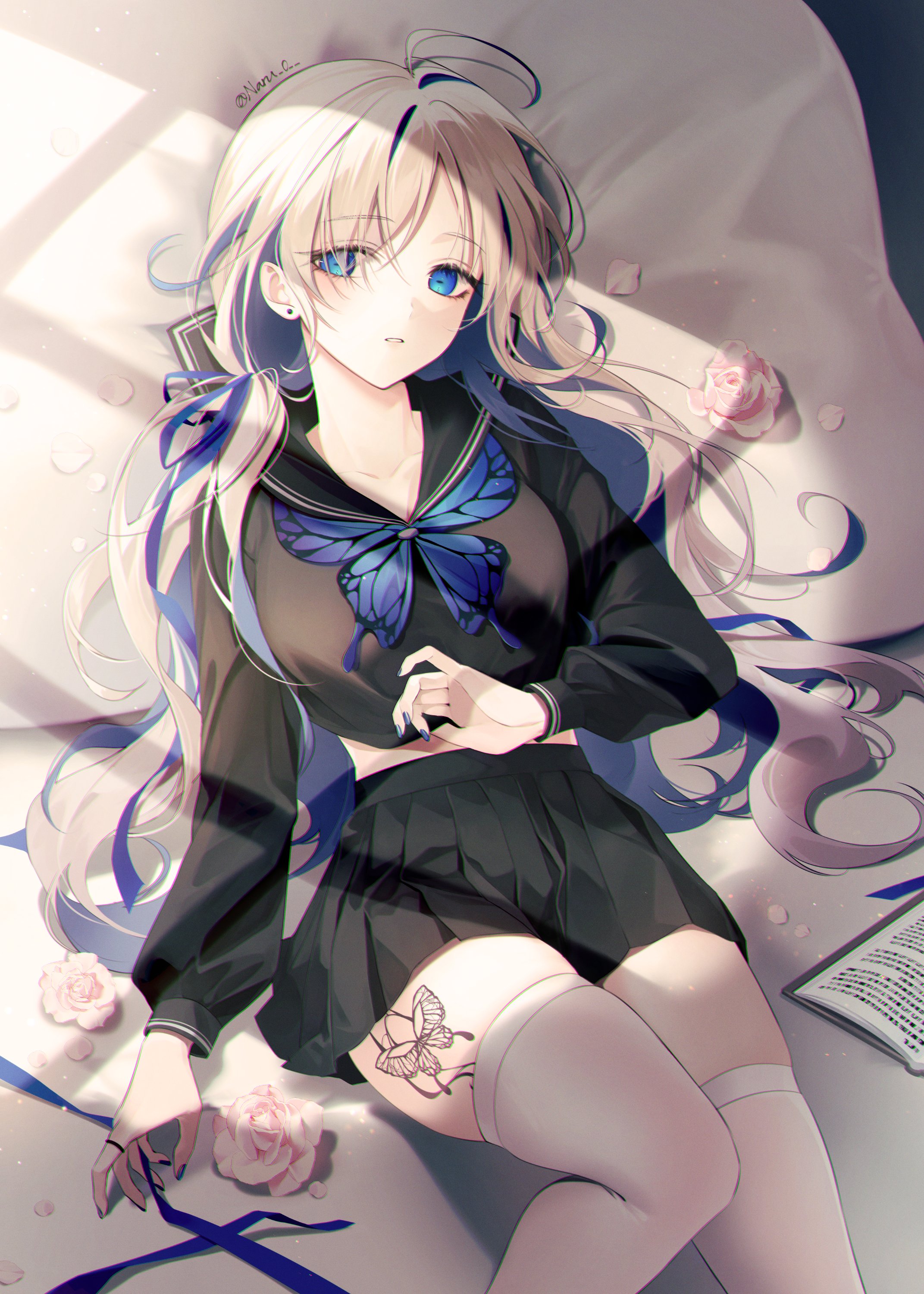 Anime 2143x3000 anime anime girls schoolgirl school uniform blue eyes blonde lying on back stockings tattoo flowers petals portrait display looking at viewer long hair thighs watermarked ahoge bed in bed lying down hair ribbon parted lips skirt frills blue ribbons ribbon