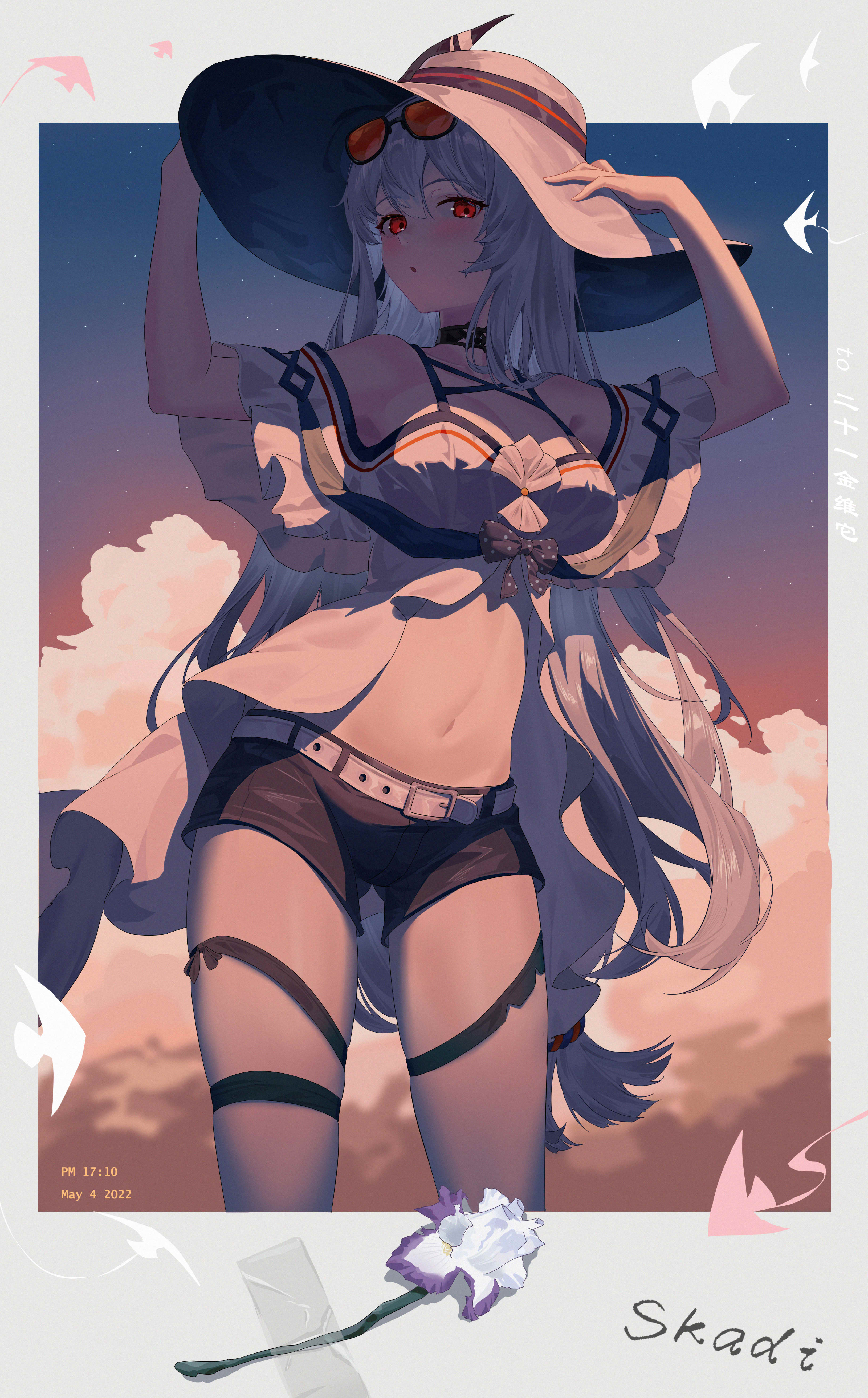 Anime 3259x5248 Skadi (Arknights) Arknights anime girls hat clouds flowers short shorts belly