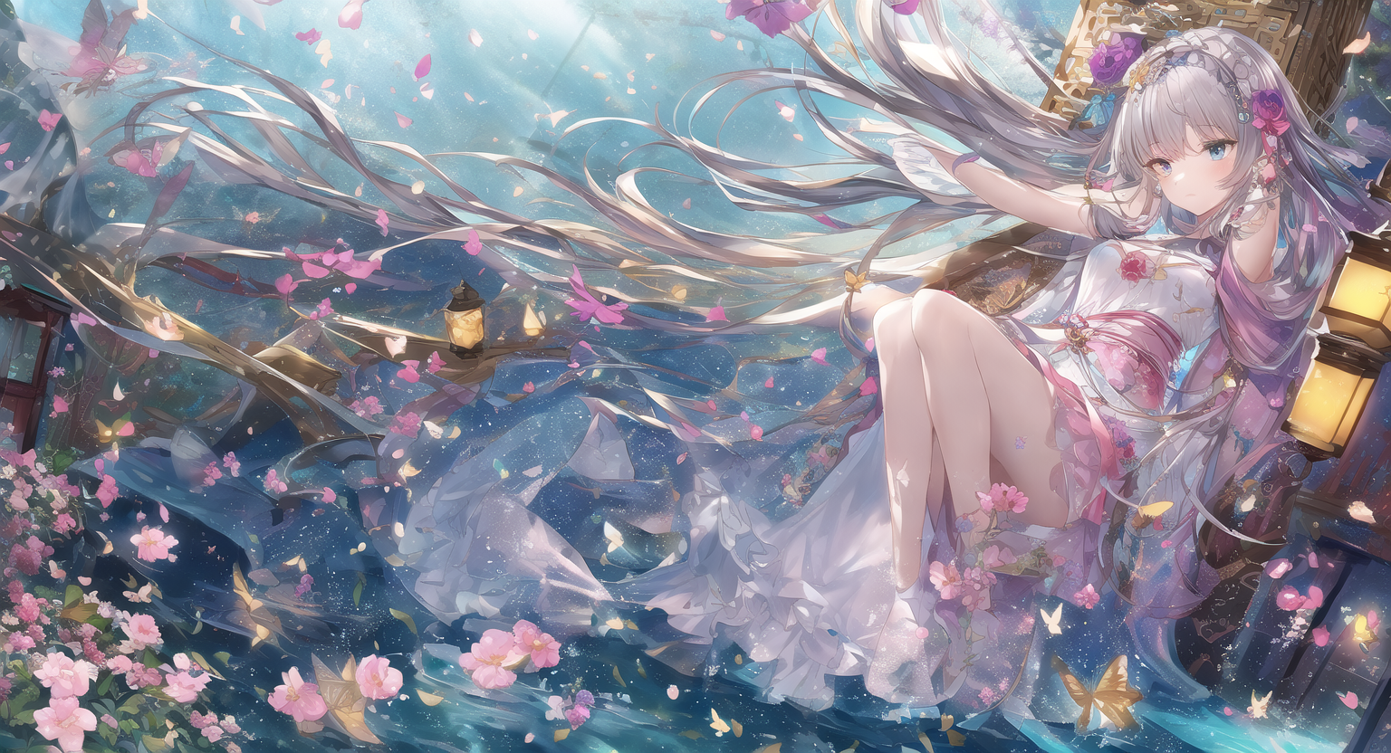 Anime 1536x832 anime anime girls water underwater long hair Chinese dress flowers traditional art petals blue eyes