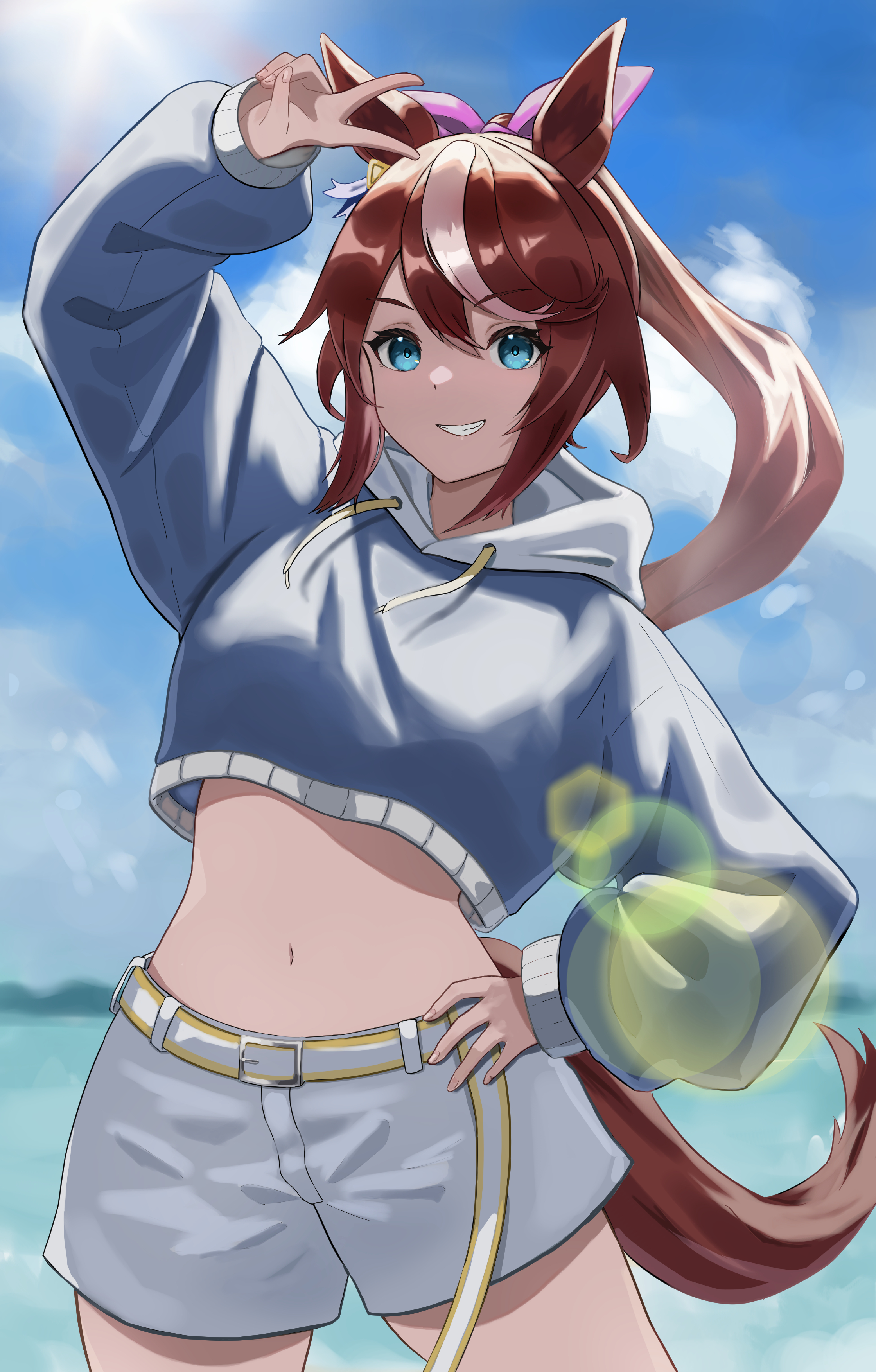 Anime 2240x3508 anime anime girls digital art 2D artwork ecchi petite looking at viewer portrait portrait display Pixiv belly belly button crop top shorts short shorts touching hair arms up Tokai Teio (Uma Musume) Uma Musume Pretty Derby