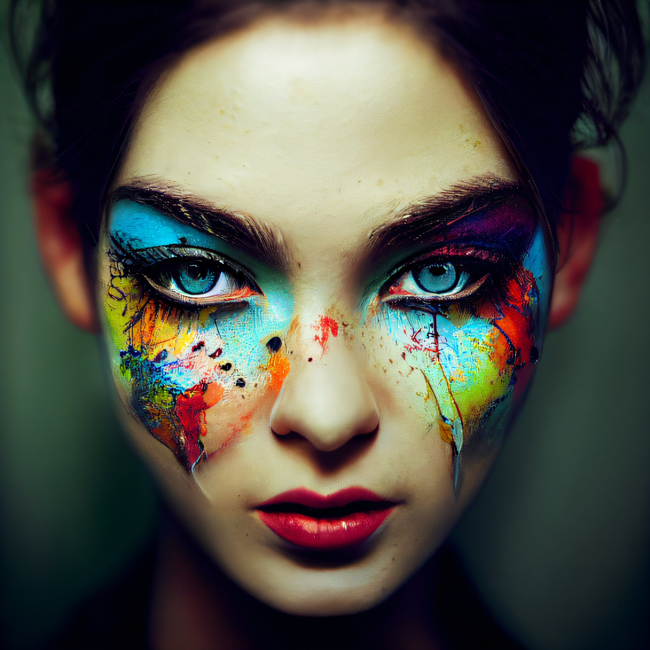 General 2268x2268 colorful portrait blue eyes bokeh rainbow clothing makeup red lipstick women AI art