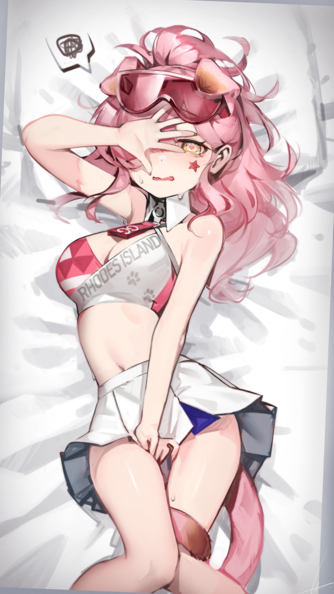 Anime 1080x1920 Goldenglow (Arknights) lying on back lying on front anime girls covered eye(s) pink hair animal ears tail heart eyes belly pulling clothing WaterSnake (artist)