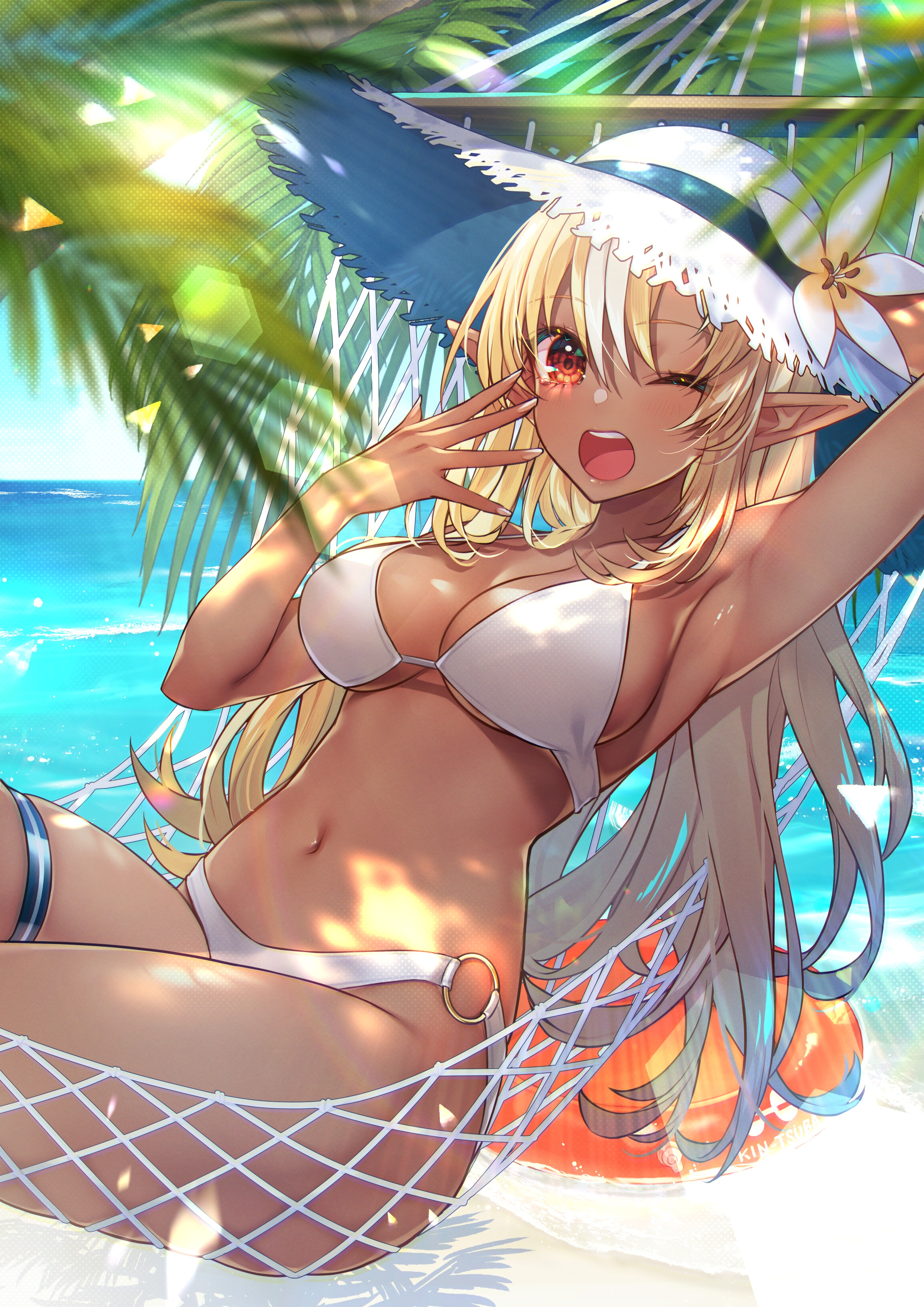 Anime 2894x4093 anime girls dark skin big boobs bikini elves palm trees