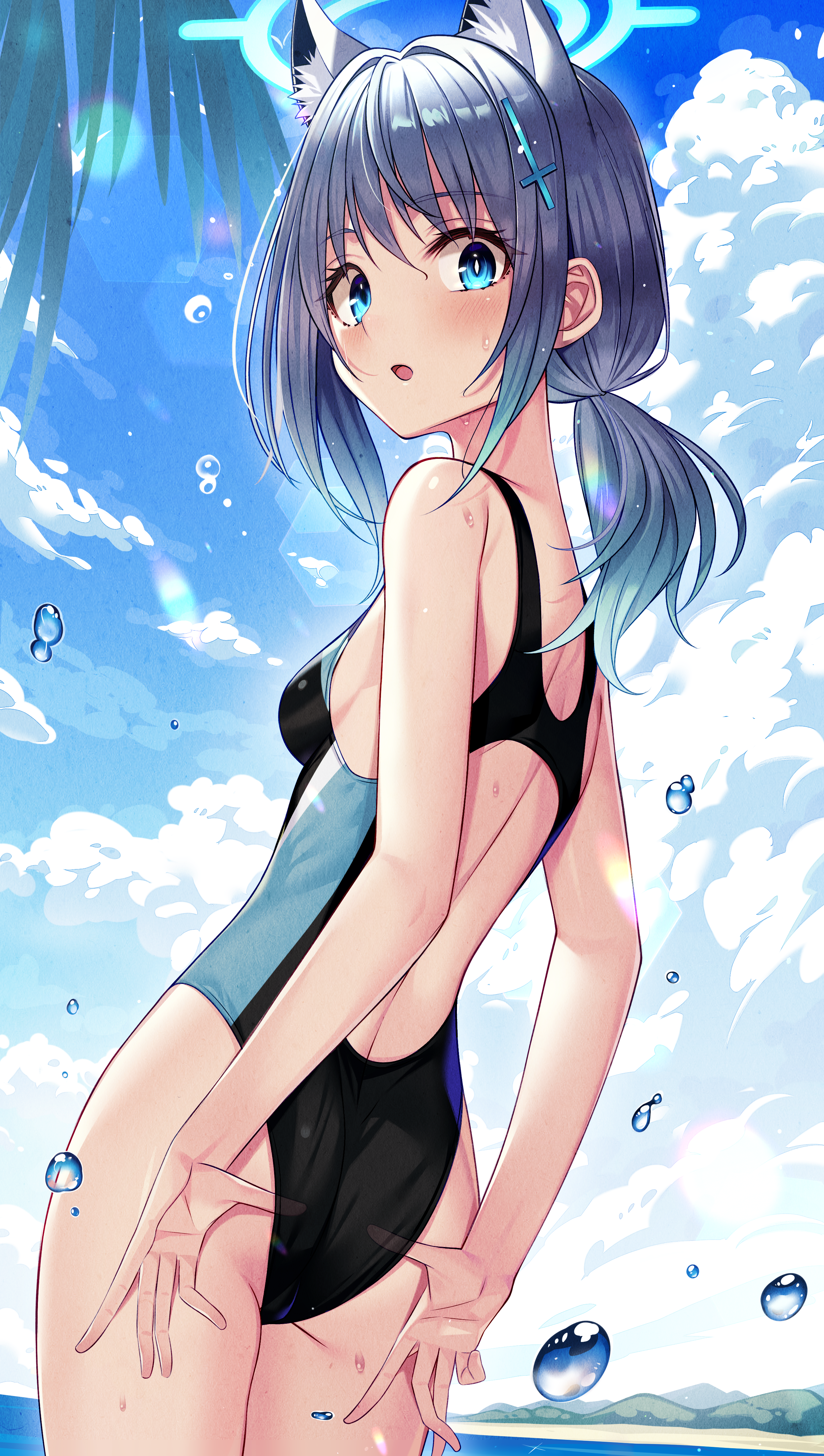 Anime 2544x4493 Blue Archive one-piece swimsuit ass sky clouds Shiroko (Blue Archive) anime girls fox girl fox ears water portrait display