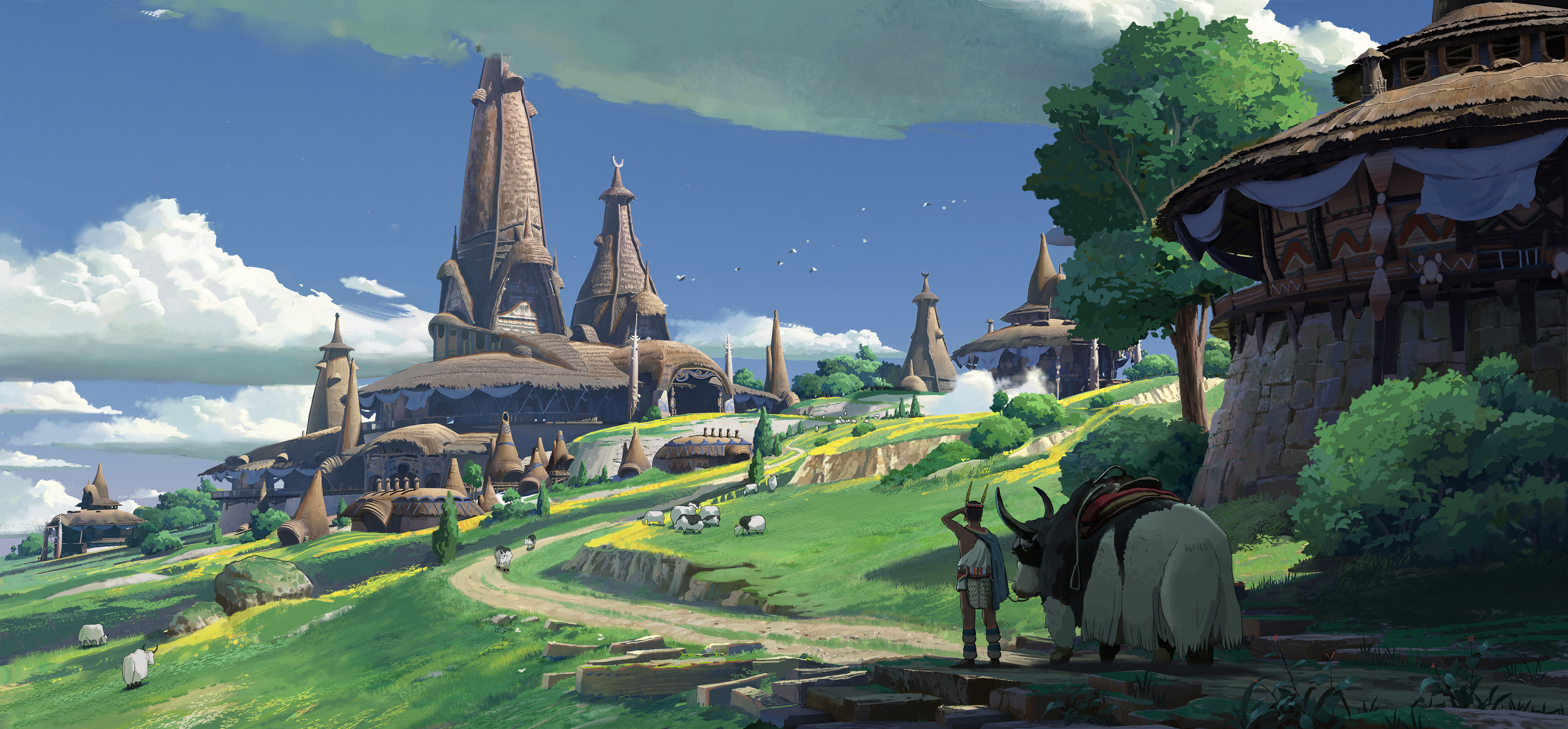 General 3840x1786 digital art concept art artwork town nature field house animals architecture building clouds trees environment