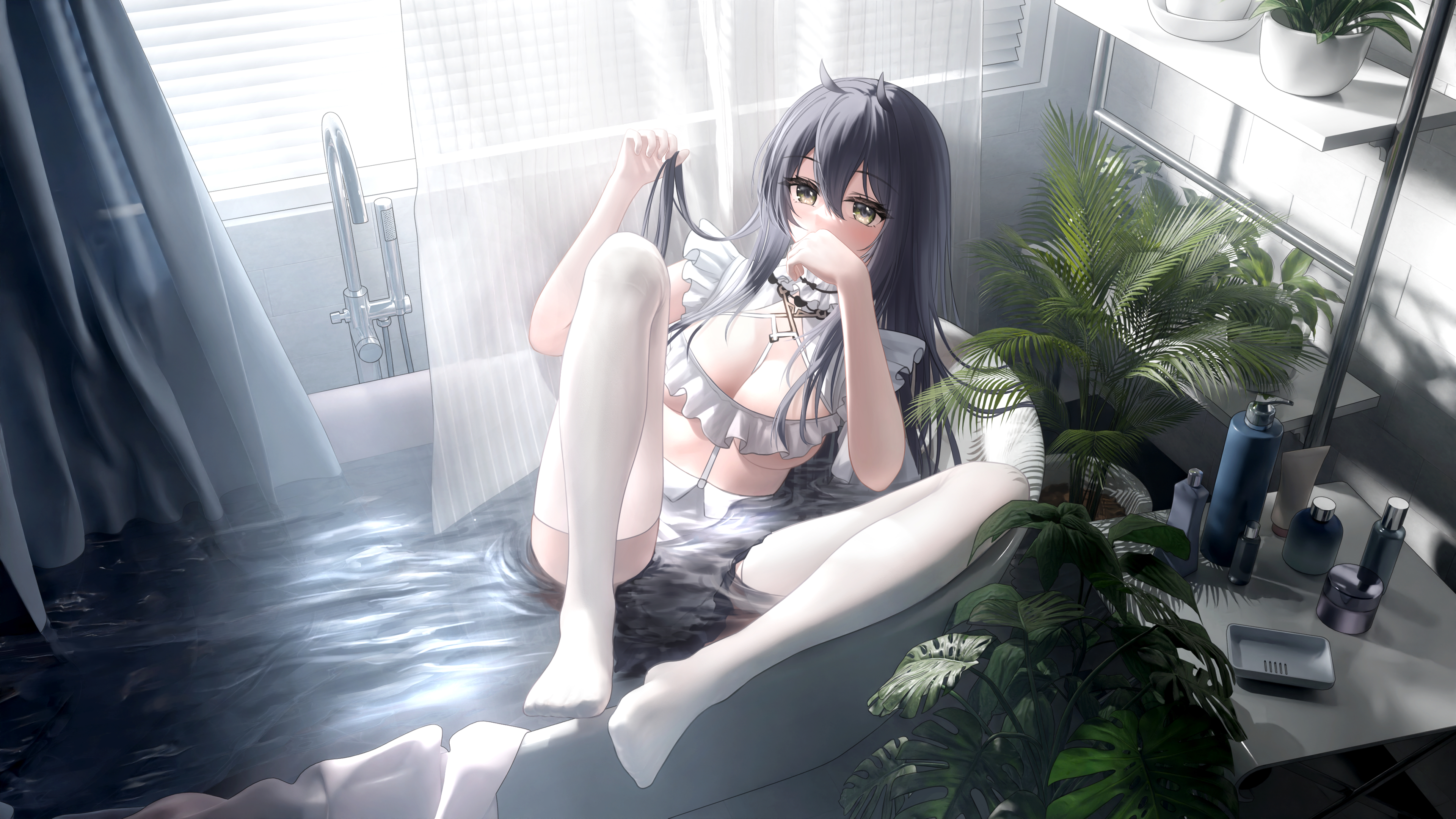 Anime 3840x2160 anime anime girls maid maid outfit bathtub cleavage big boobs in water water stockings