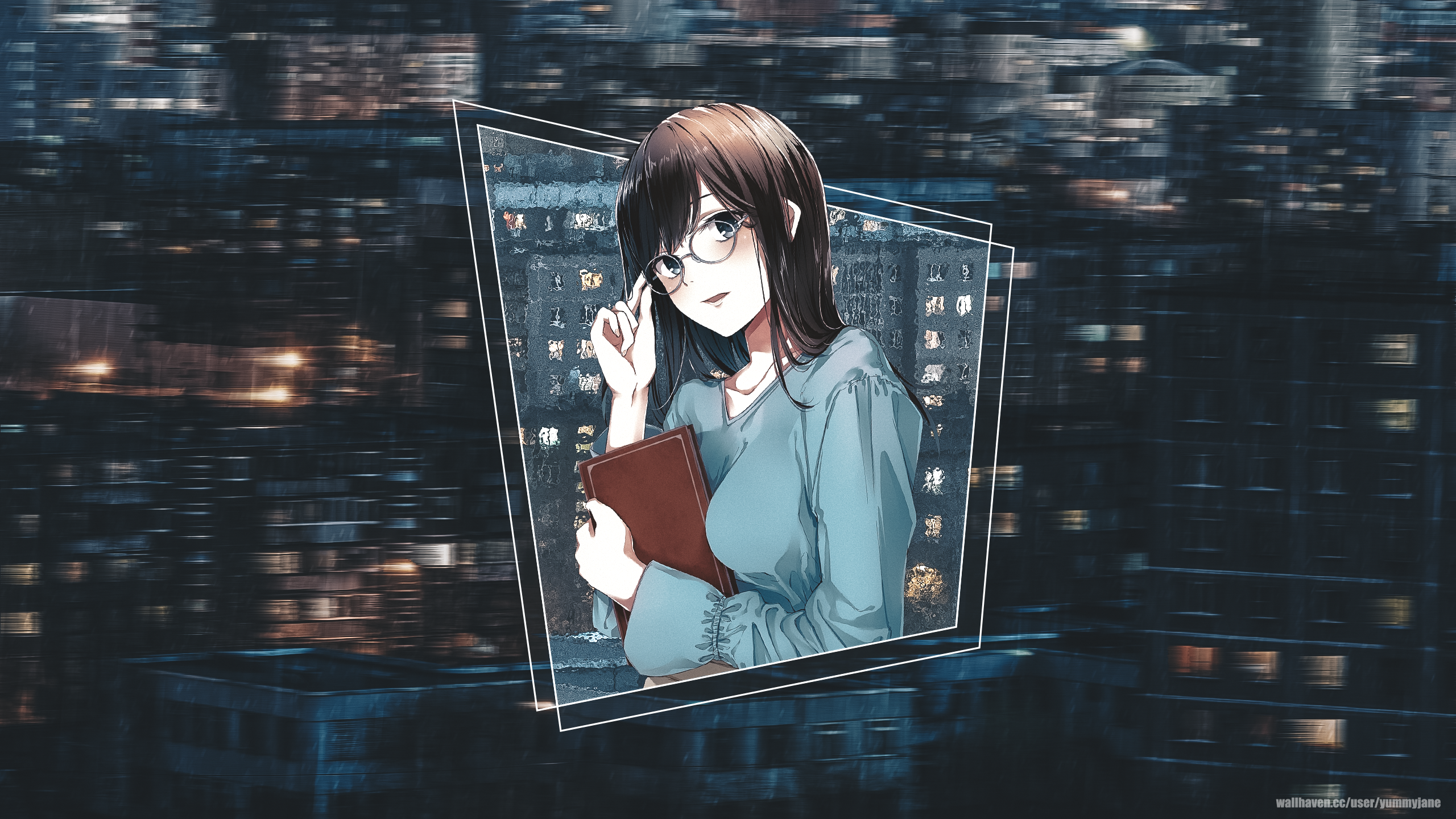 Anime 2560x1440 anime anime girls glasses rain city picture-in-picture books