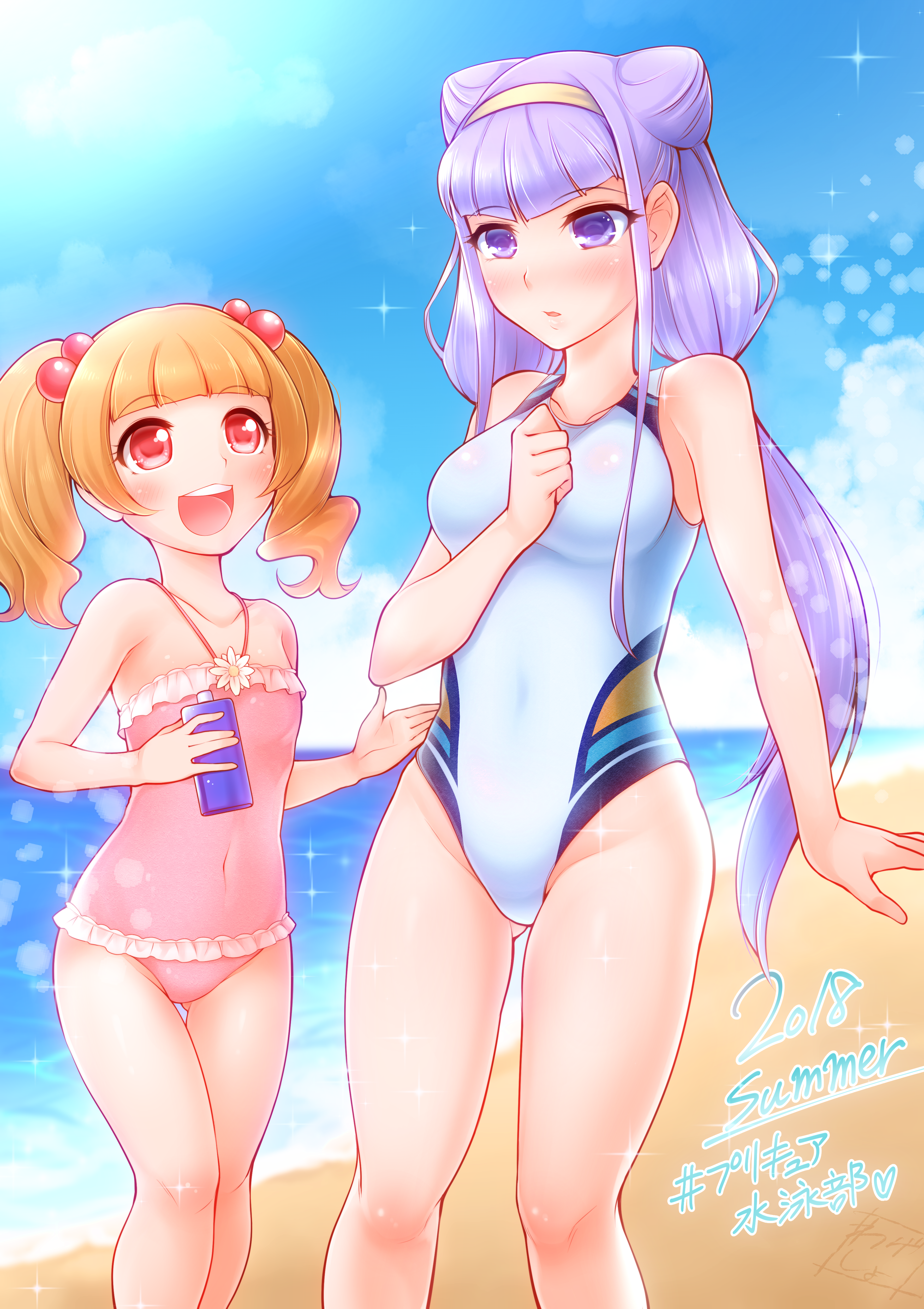 Anime 3541x5016 swimwear Pretty Cure HUGtto! Precure anime girls purple hair purple eyes thighs one-piece swimsuit twintails loli