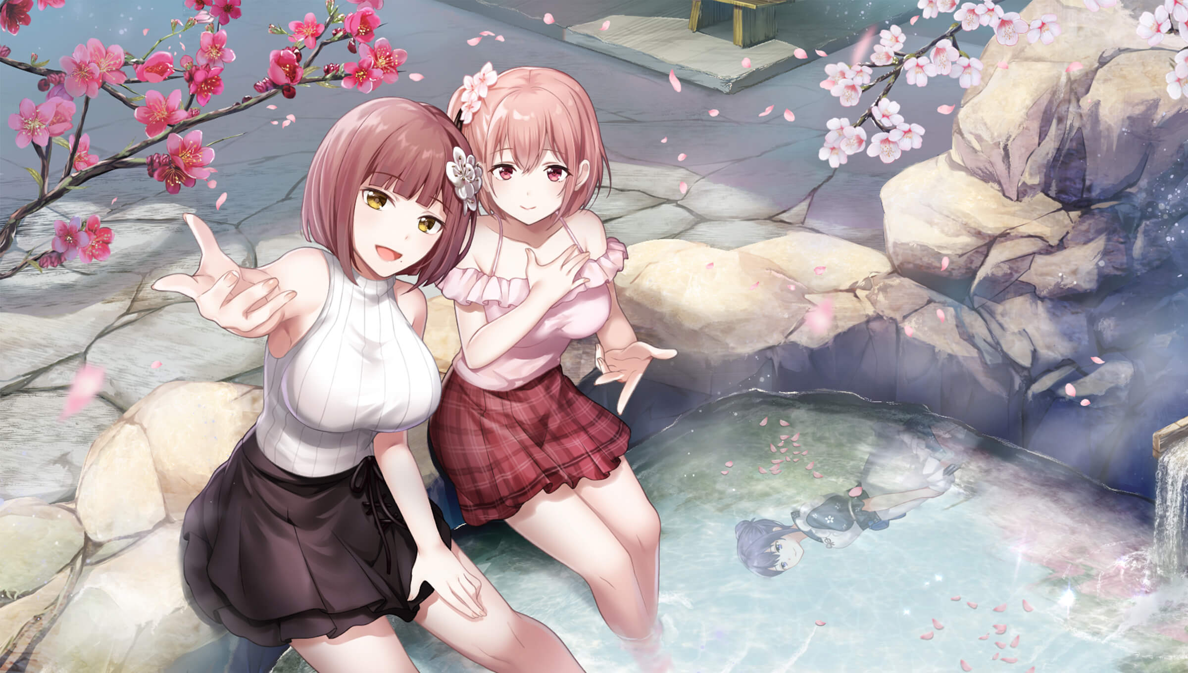 Anime 2400x1360 anime anime girls hot spring water flower in hair big boobs