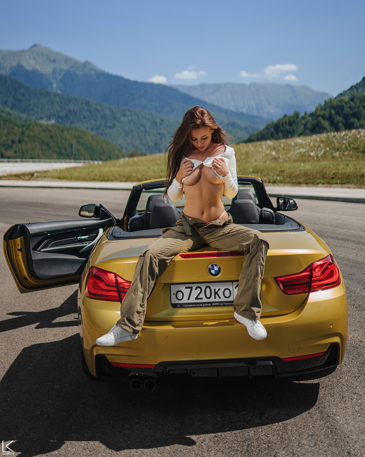 People 1536x1920 Sergey Freyer women brunette long hair white clothing underboob pants car BMW outdoors Arilaviee women with cars German cars sneakers white shoes